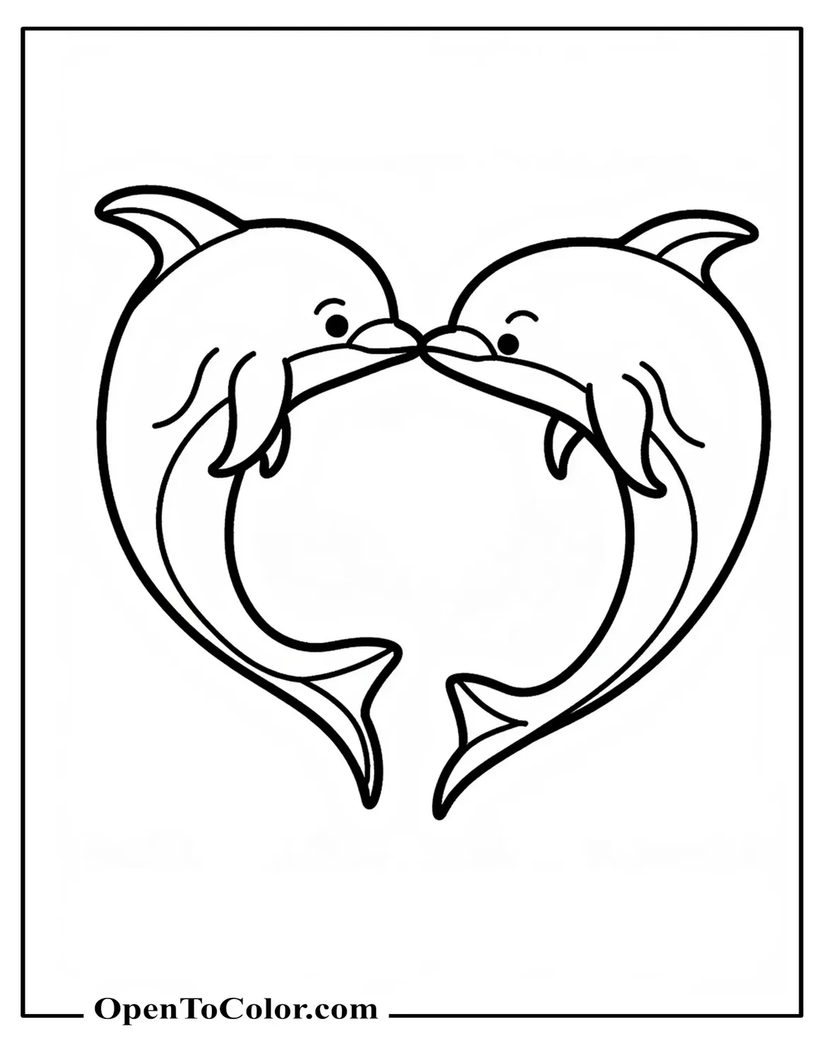 Free Coloring Sheet of Two Dolphins Forming a Heart Shape with Their Bodies and Tails