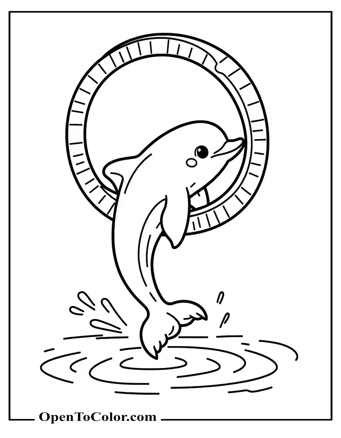 Free Coloring Sheet of a Dolphin Jumping Through a Circus Hoop Held Above the Water