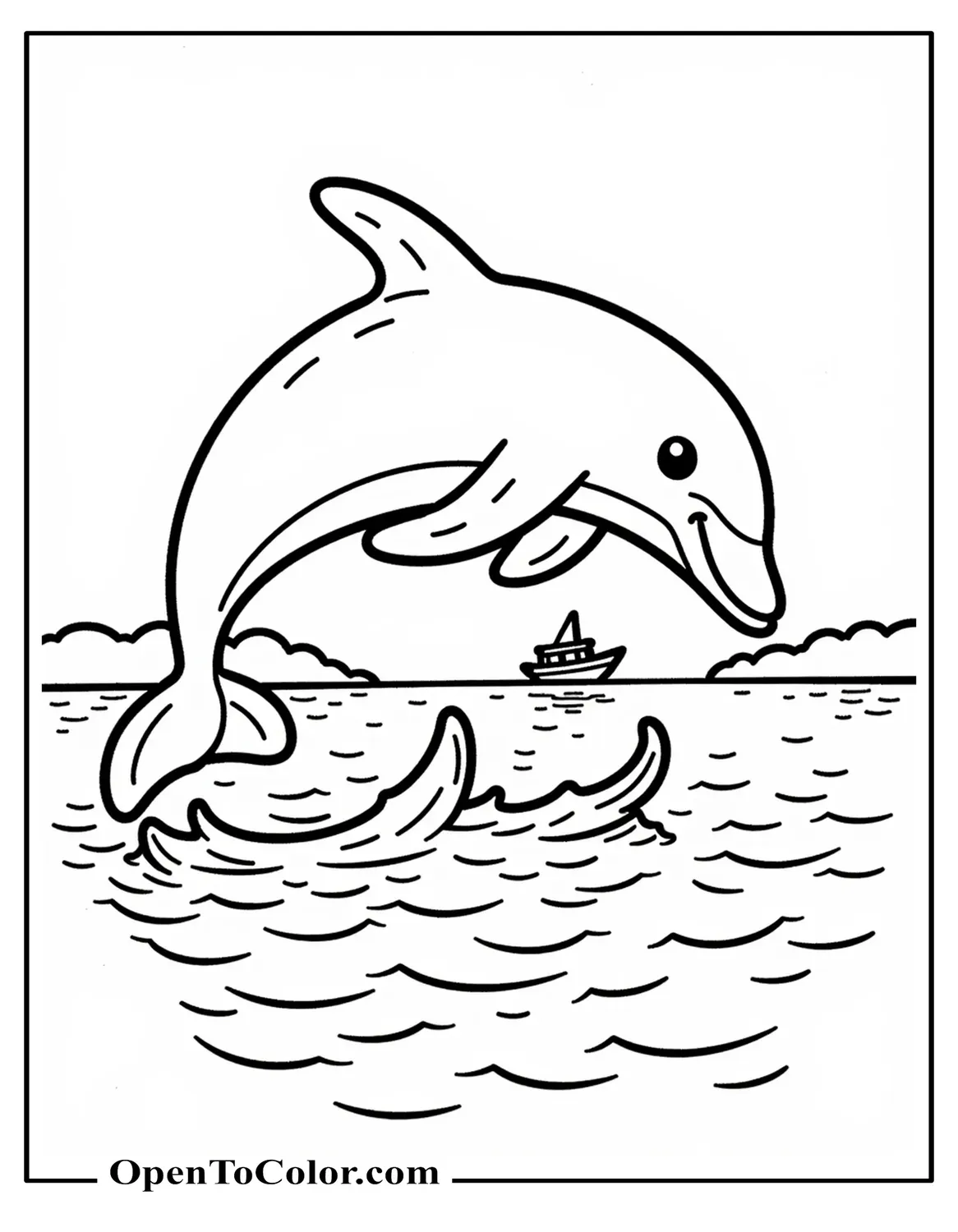 Free Coloring Sheet of Dolphin Jumping Out of Water with Big Splash and a Small Boat in the Distance