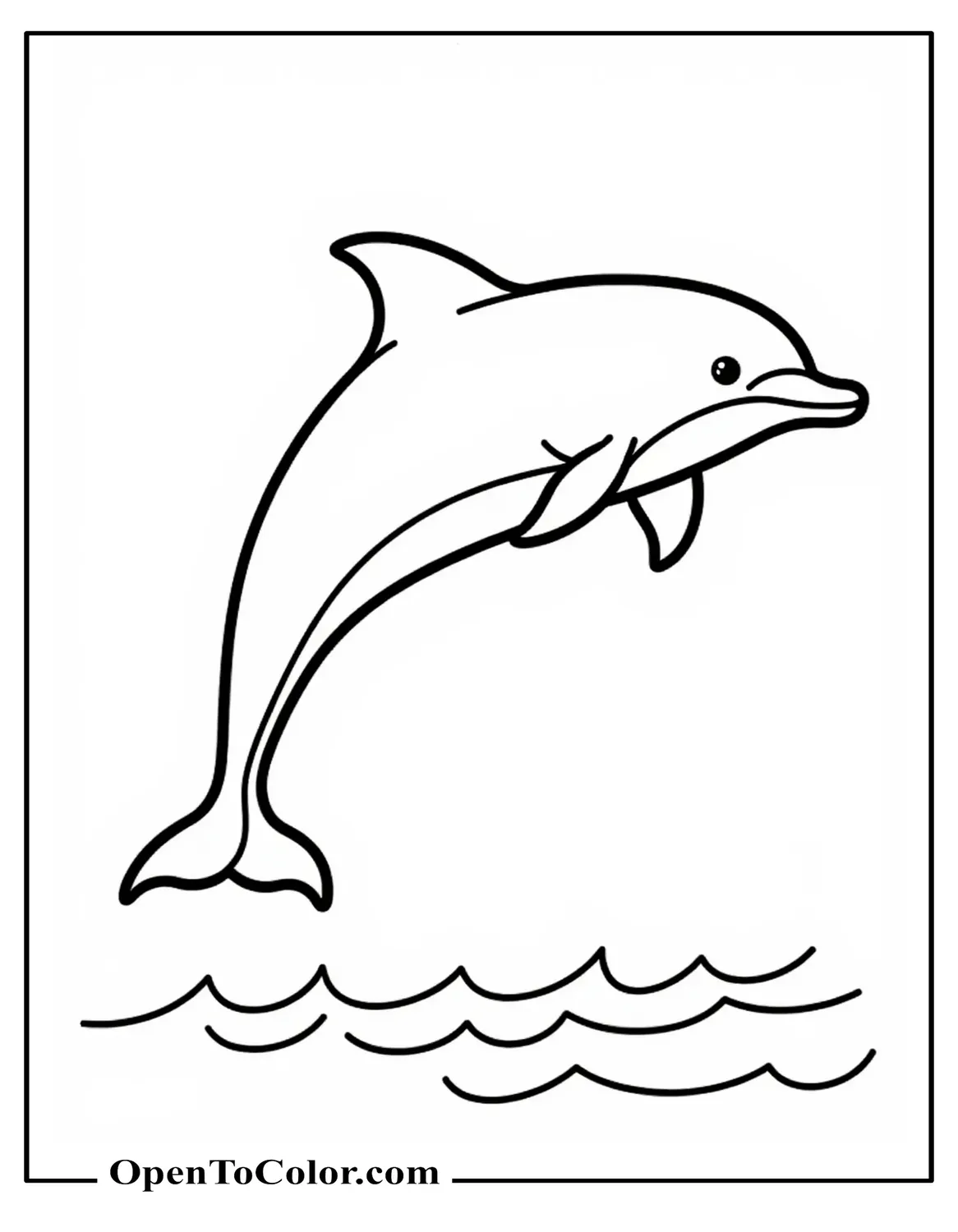 Printable Coloring Page of a Clean Dolphin Outline in Side View with One Simple Wave Under the Body