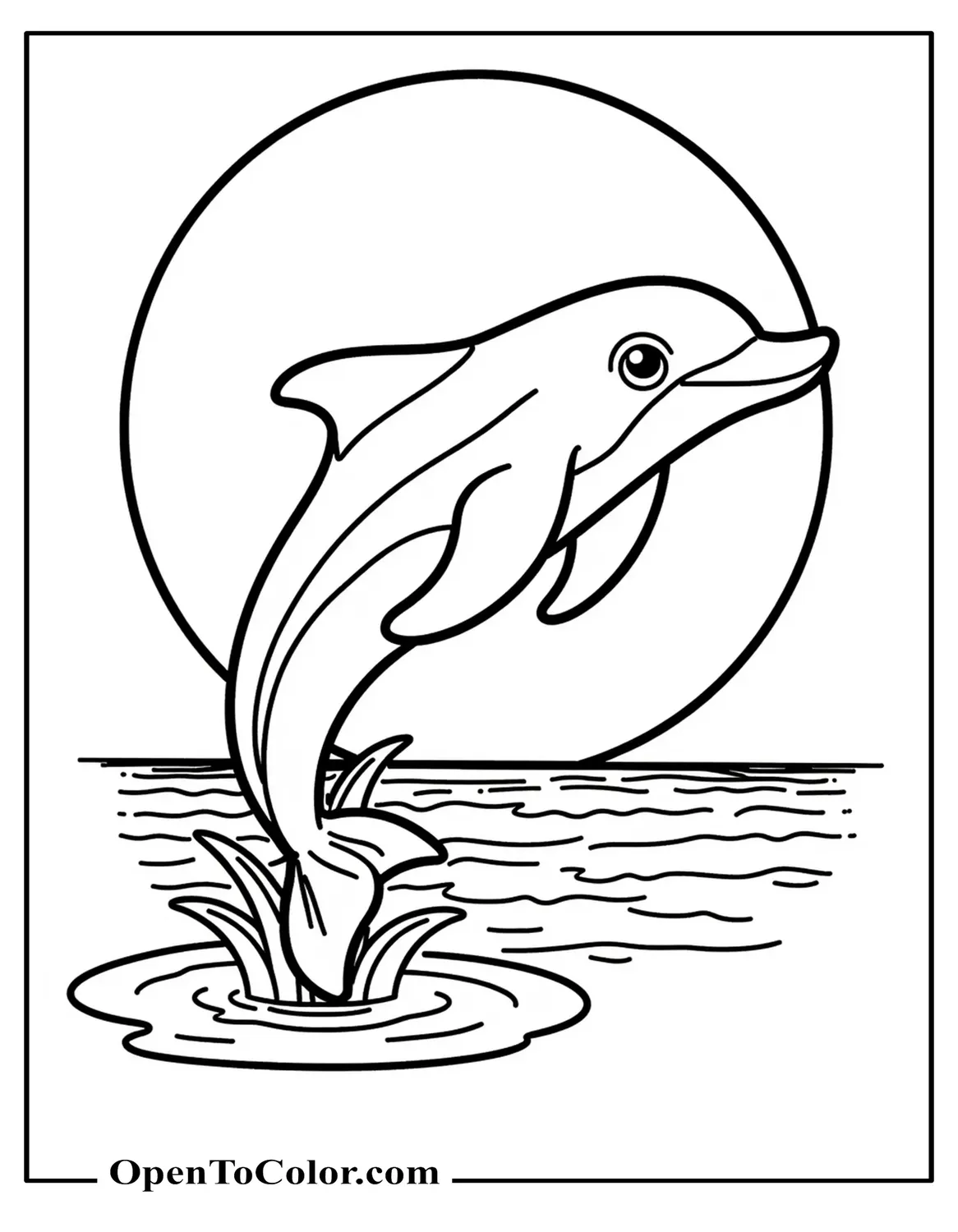Free Coloring Sheet of a Dolphin Leaping in Front of a Big Setting Sun with Calm Sea Below