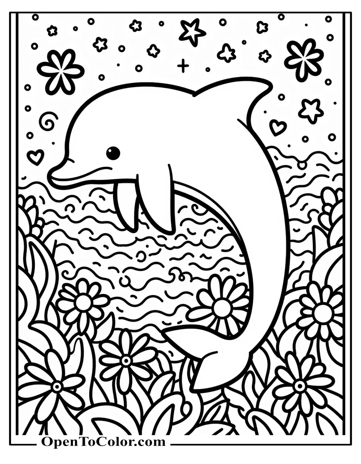 Dolphin Surrounded By Doodle Patterns, Flowers, Swirls, And Stars For Coloring Sheet PDF