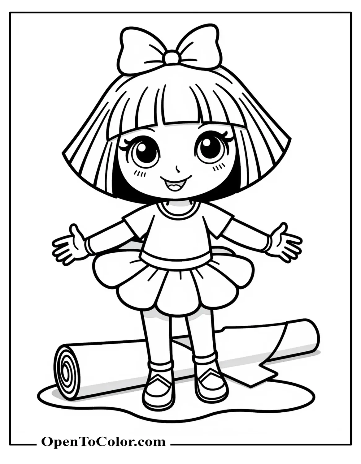 Dora wearing a tutu and ballet slippers doing a cheerful pose with a simple map rolled up on the floor, coloring page PDF.