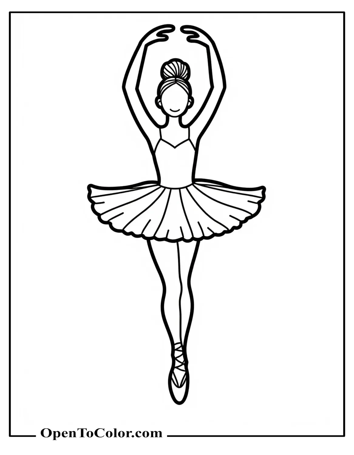 Very simple ballerina coloring sheet with short tutu and arms in a circle overhead, standing on tiptoes, printable.
