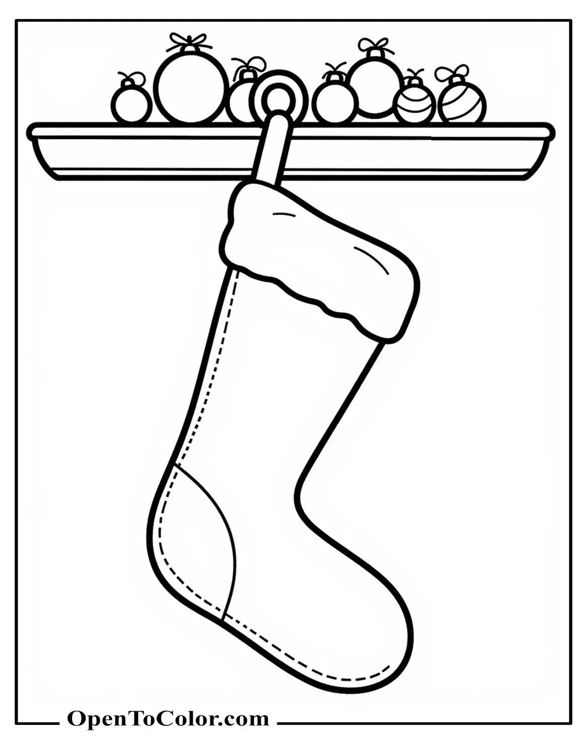 Large stocking on a fireplace hook, simple ornaments hanging above, coloring page, printable.