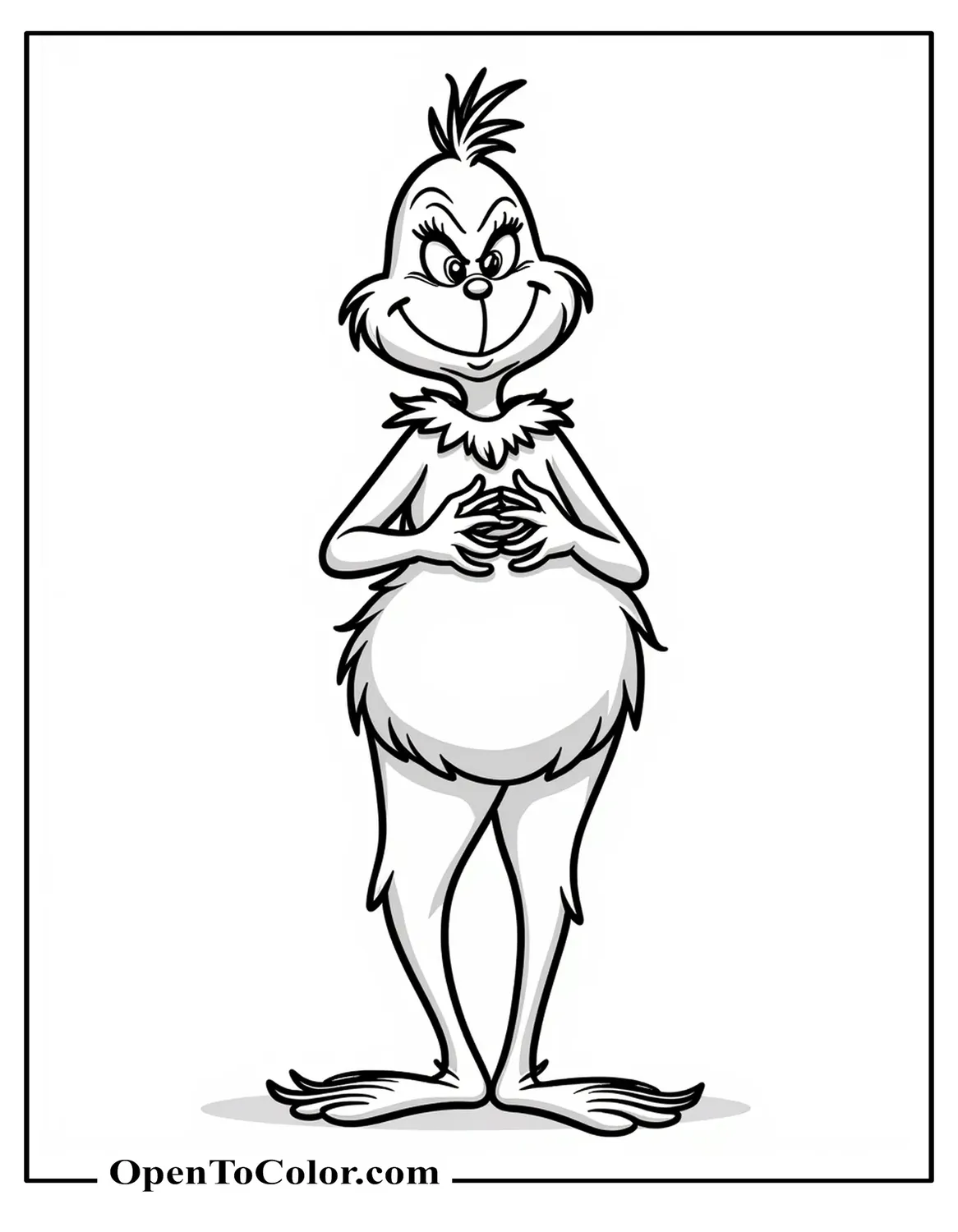 Printable Easy Cartoon Grinch Coloring Page With Large Smooth Shapes Standing And Smiling With Hands On His Belly