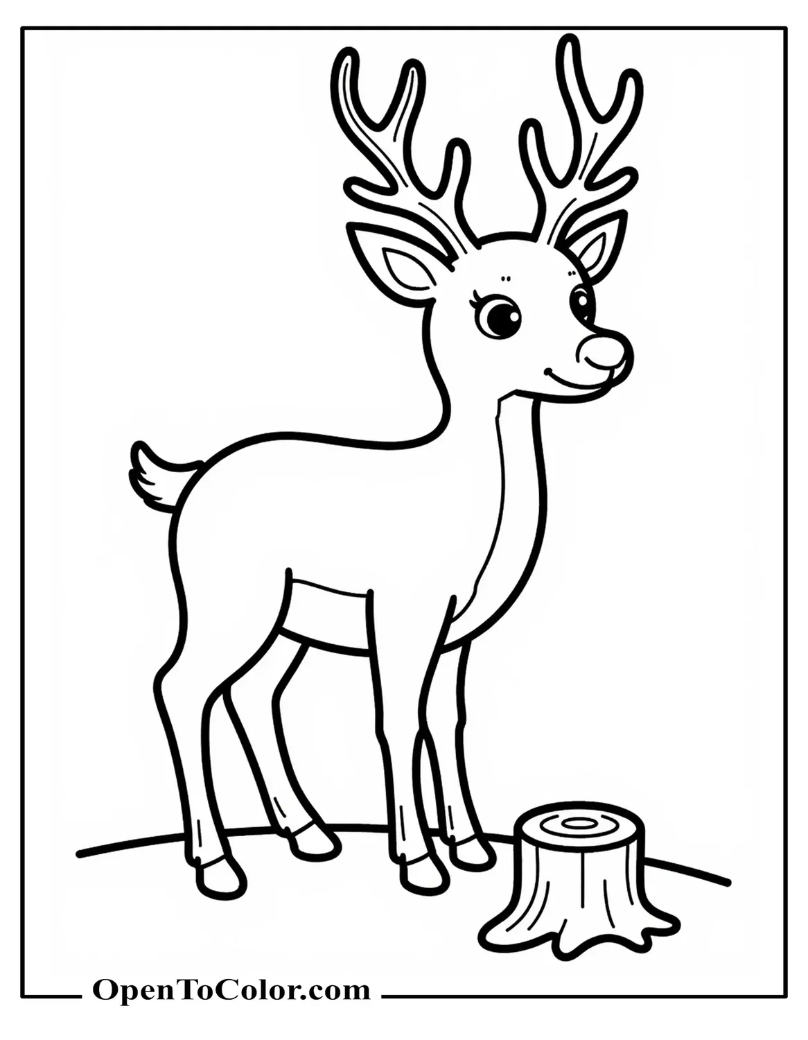 Easy reindeer standing coloring sheet, simple shapes, small pine stump at feet, PDF.