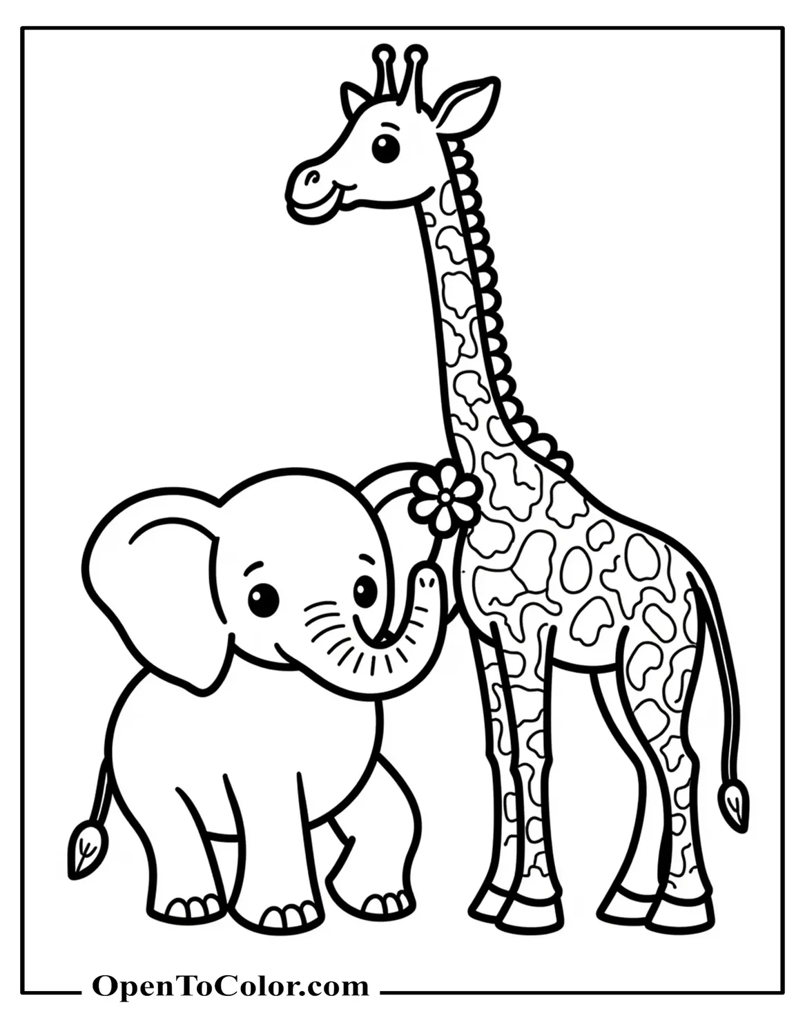 Free Coloring Page of Elephant and Giraffe Standing Side by Side, Elephant Holding a Flower with Its Trunk