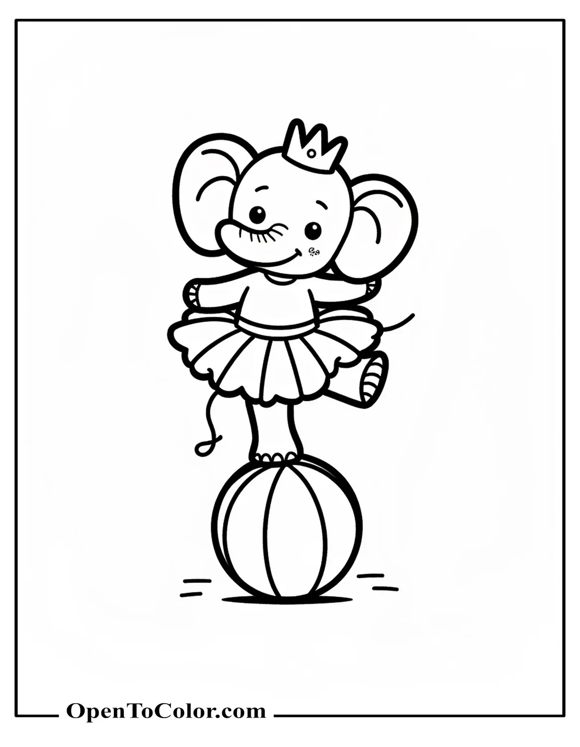 Printable Coloring Page of Chubby Elephant in a Tutu Balancing on One Leg on a Circus Ball with a Tiny Crown on Its Head