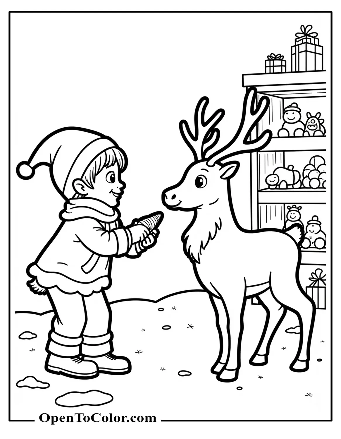 Free Coloring Sheet: Elf Offering a Carrot to a Reindeer, Toy Shelf in Background