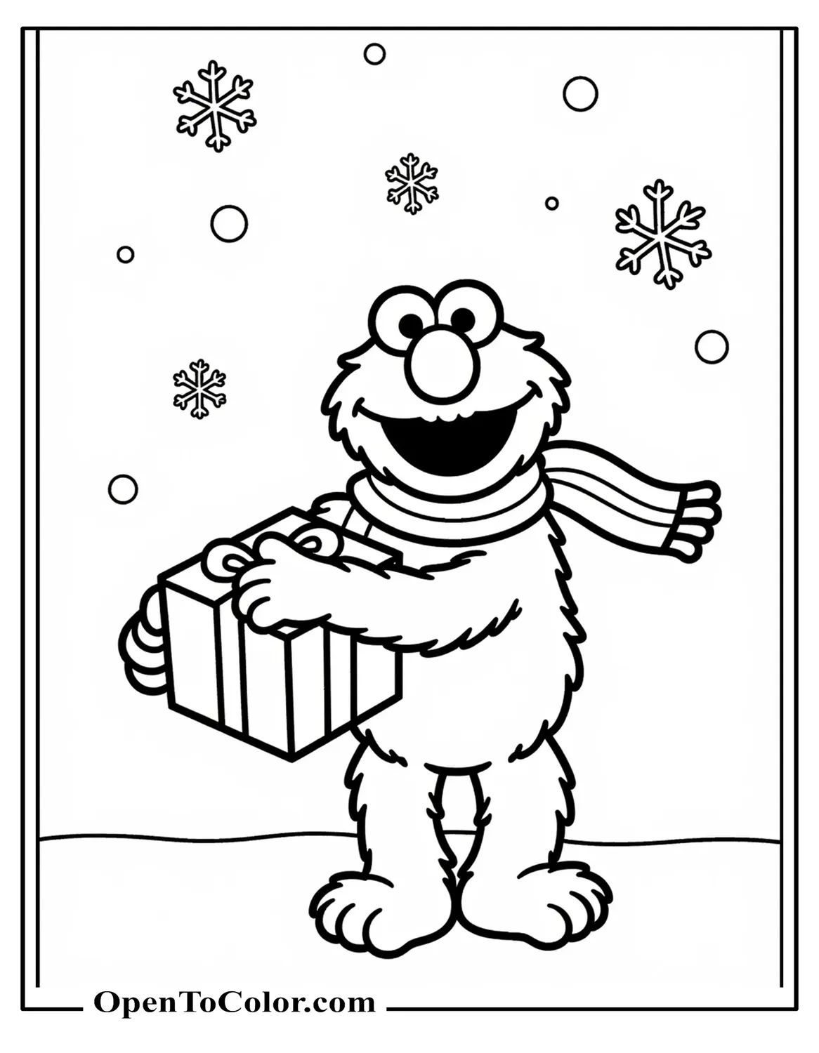 Elmo wearing a scarf hugging a present, snowflakes floating, coloring page, printable.