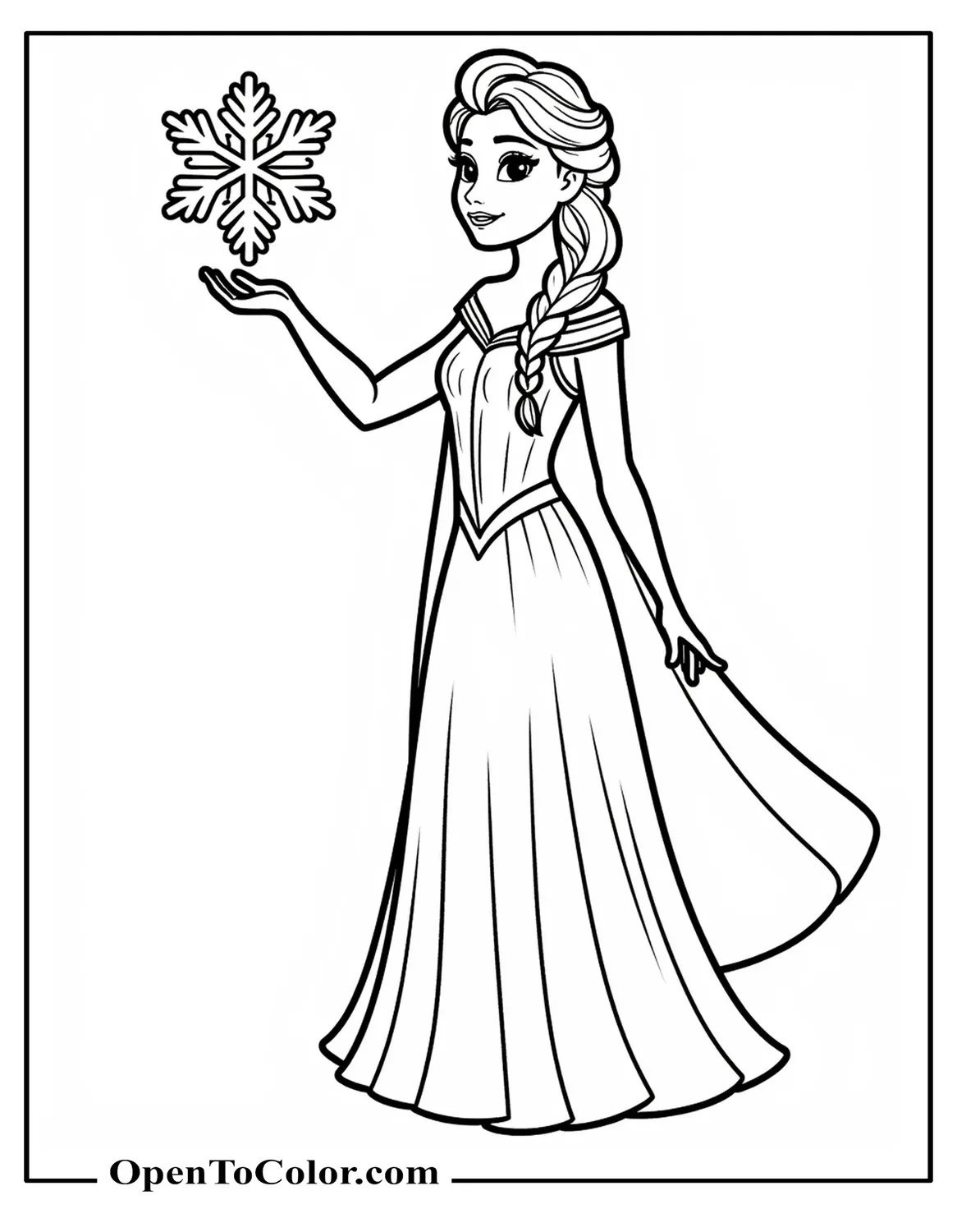 Free Coloring Page of Elsa Forming a Snowflake Above Her Hand, Winter Gown Flowing