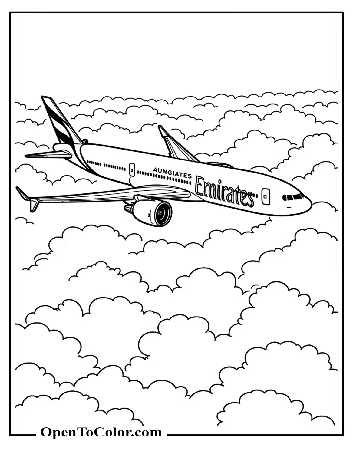 Realistic style Emirates airplane coloring sheet in side view flying above clouds PDF