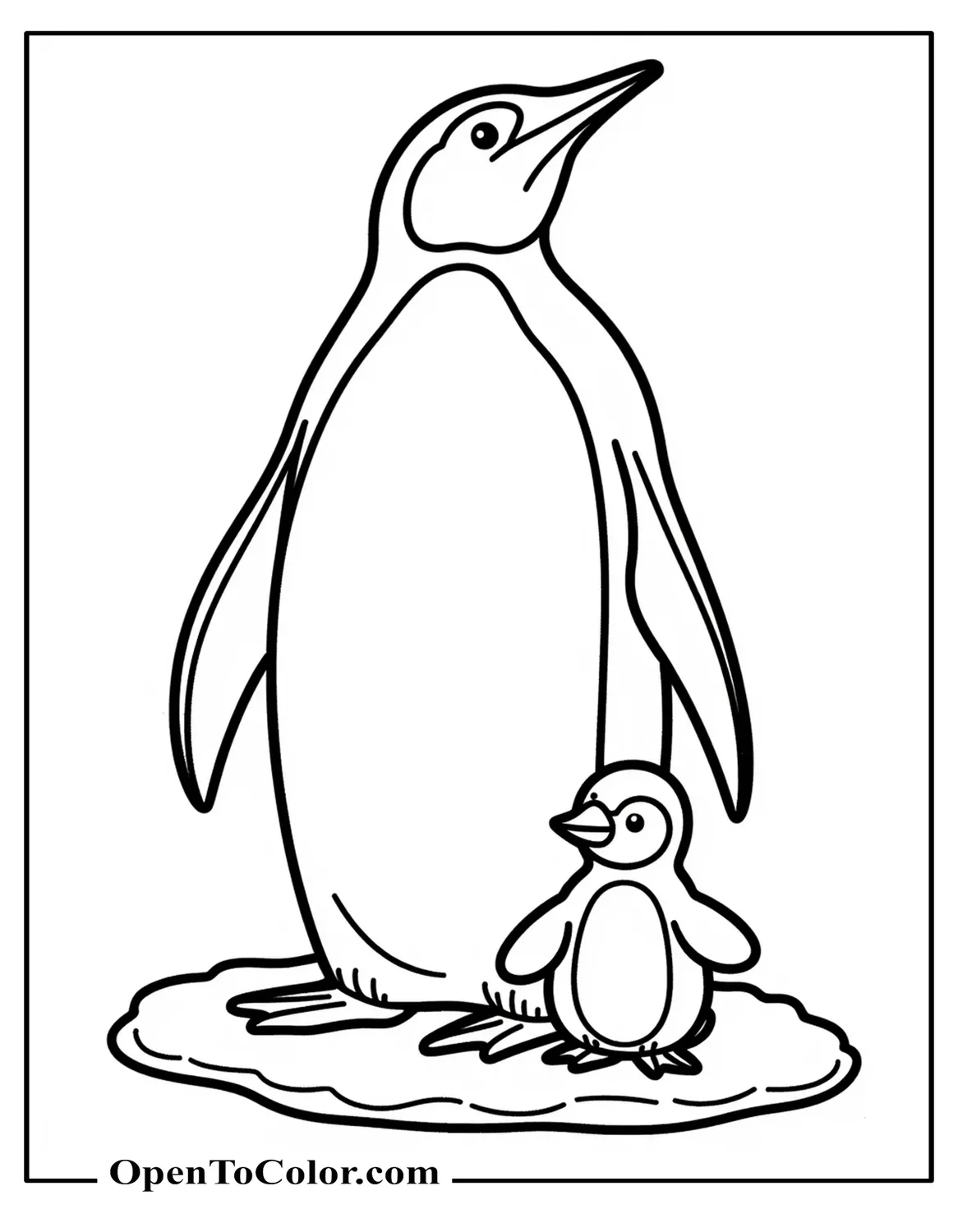 Free Emperor Penguin Coloring Page with Tall Penguin and Chick on Icy Ground
