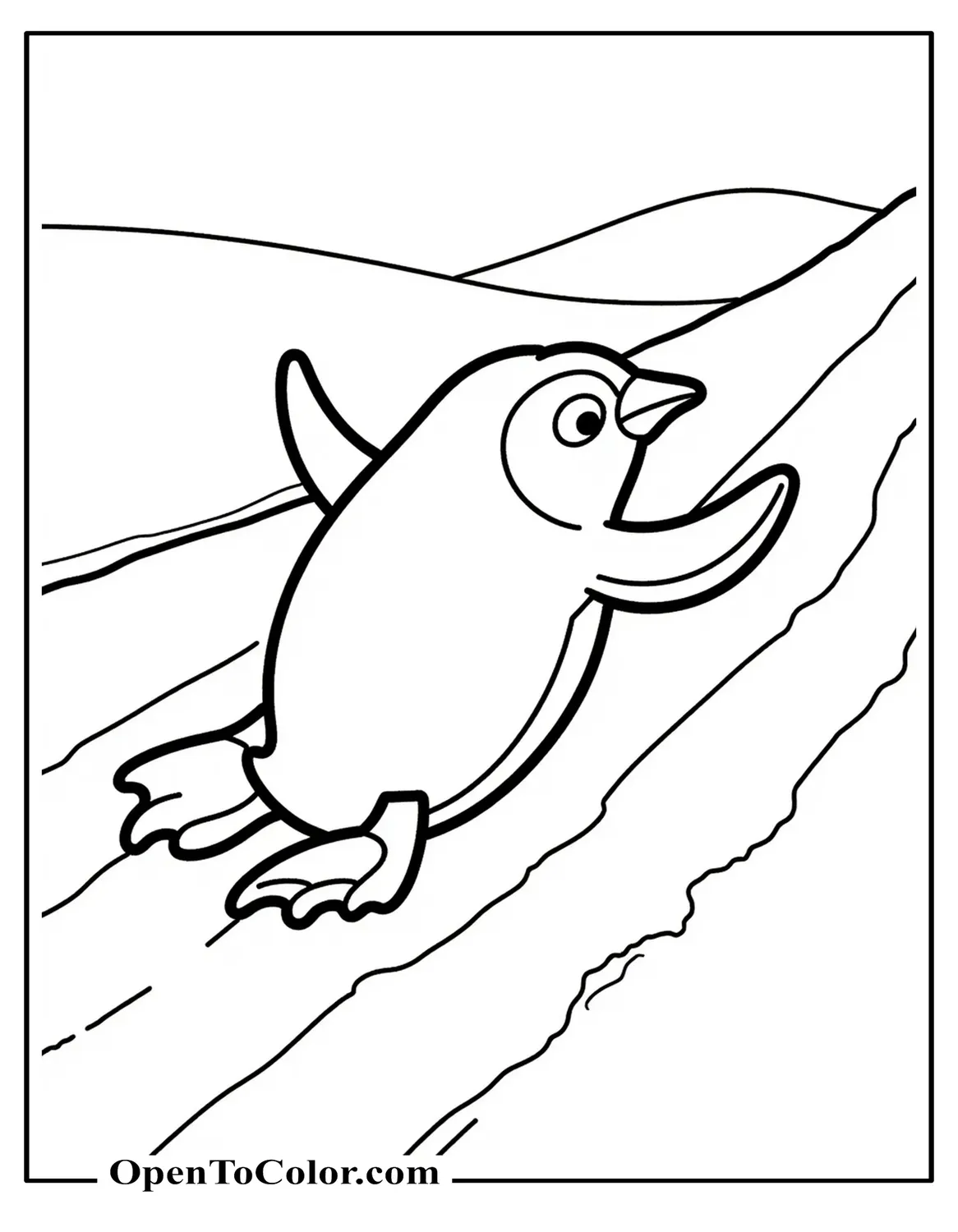 Printable Coloring Page of an Emperor Penguin Sliding on Its Belly Down an Icy Slope