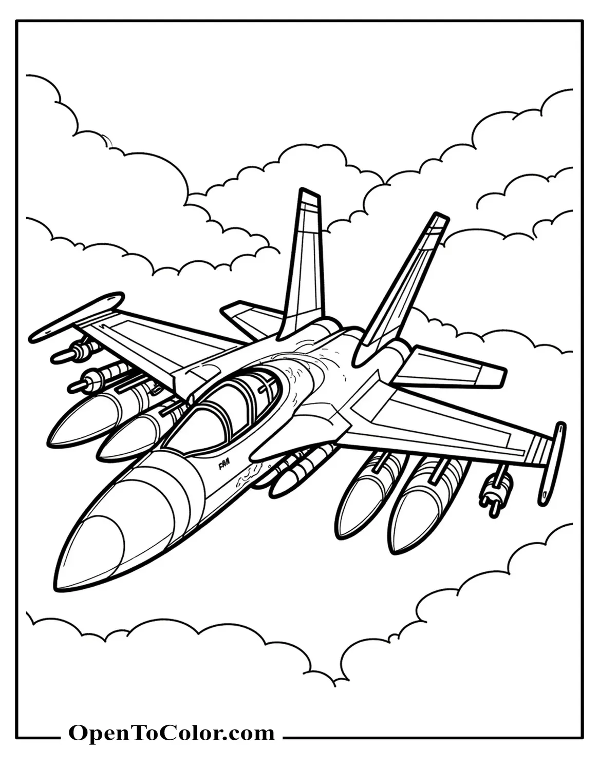 Printable coloring sheet of an F18 fighter jet from slightly above with missiles under wings and clouds behind.
