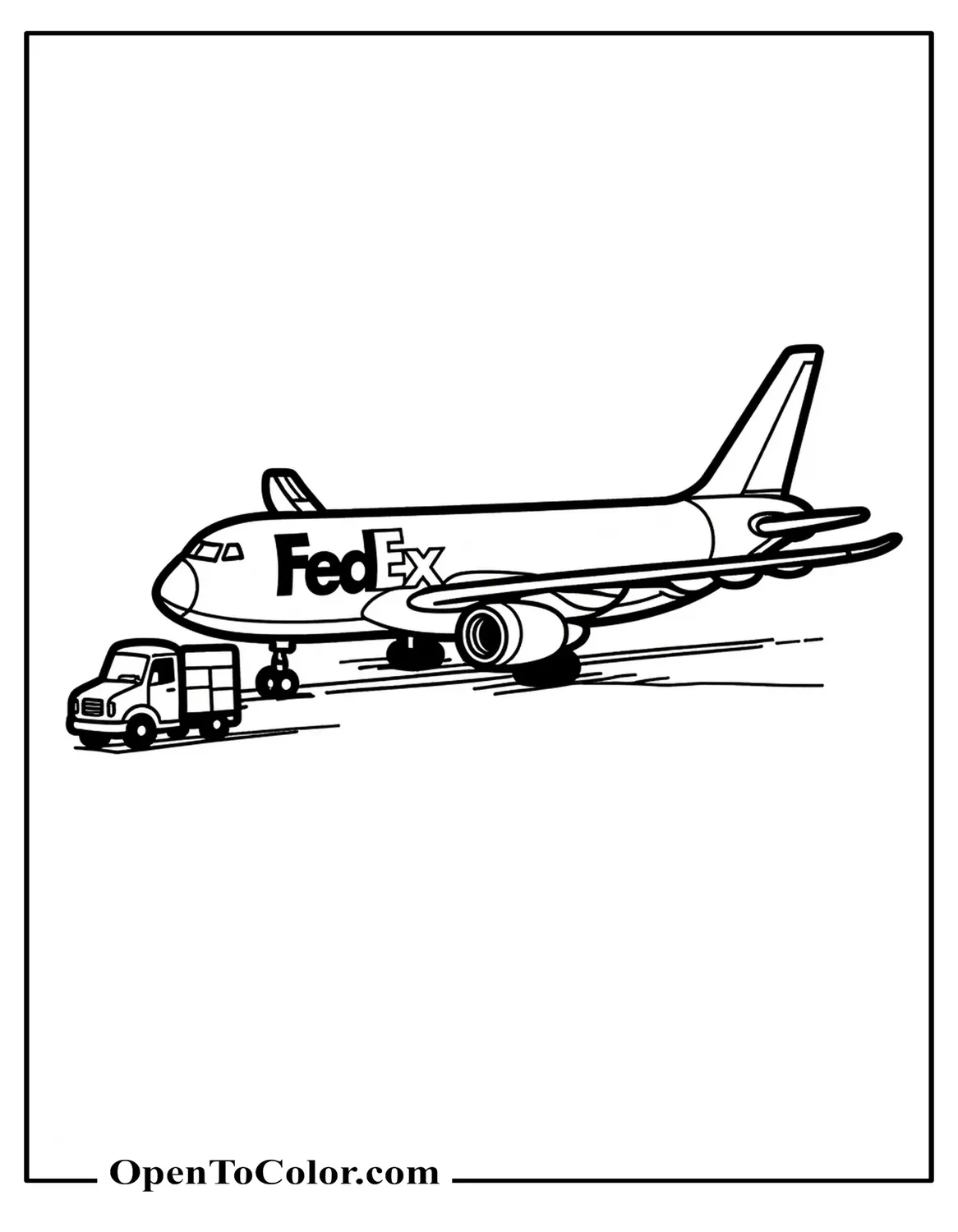 Cargo airplane with FedEx style logo on body loading boxes from a small cart coloring sheet PDF.