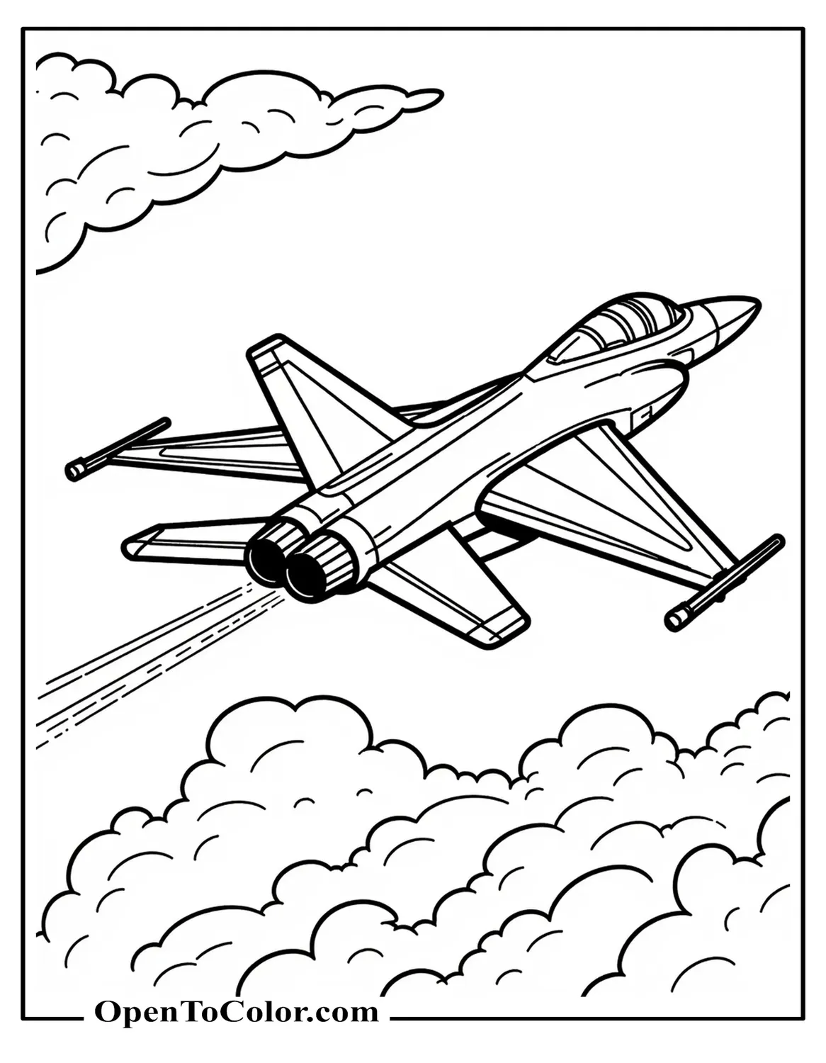 Detailed Fighter Jet Banking In The Sky With A Contrail Behind It, Printable Coloring Sheet