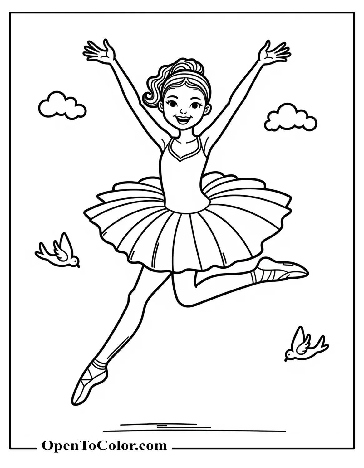 Free Coloring Sheet of a Smiling Cartoon Ballerina Leaping Across the Page with Small Birds and Simple Clouds Around Her