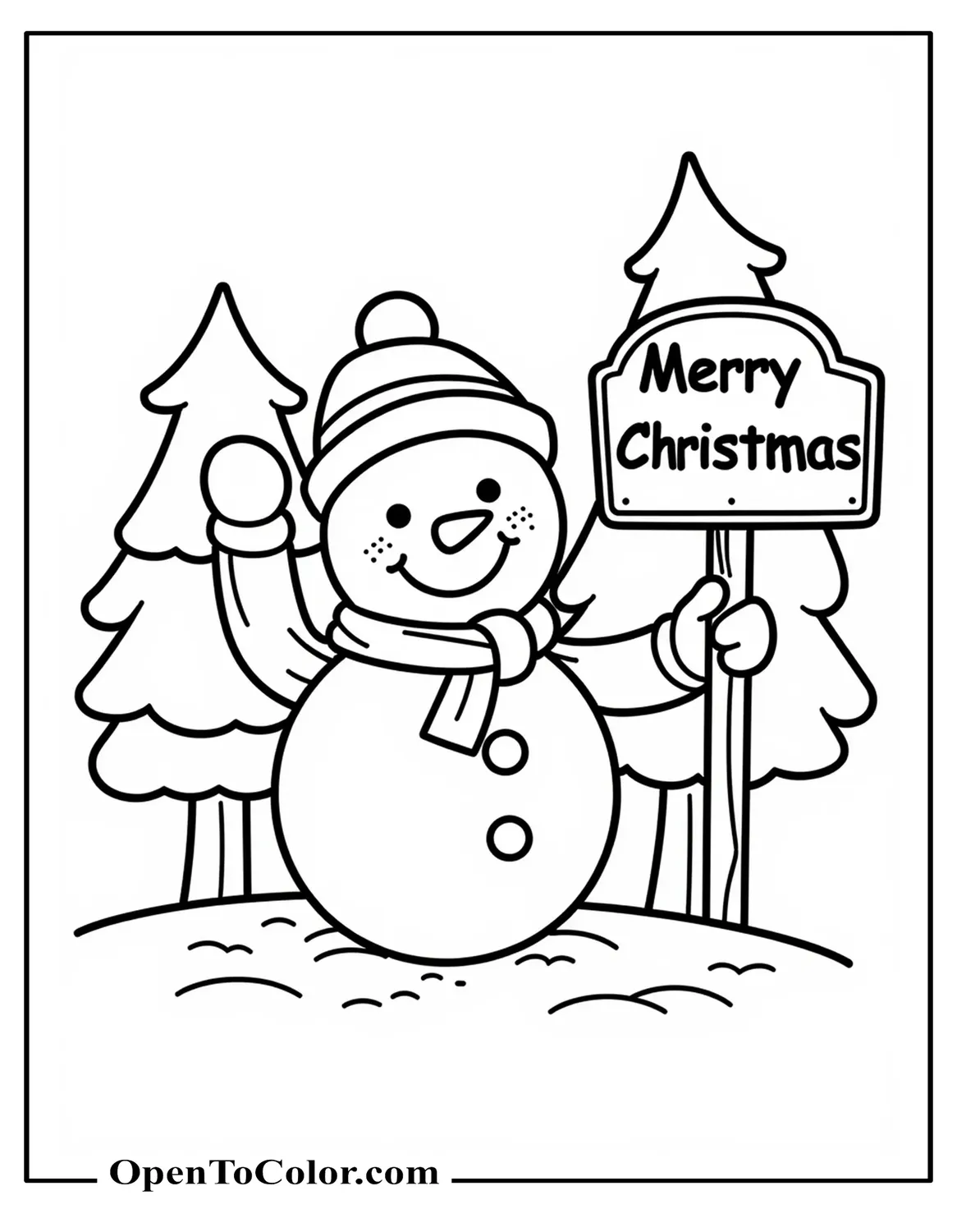 Printable Coloring Sheet of a Snowman Waving Beside a Sign That Says Merry Christmas, Pine Trees Behind