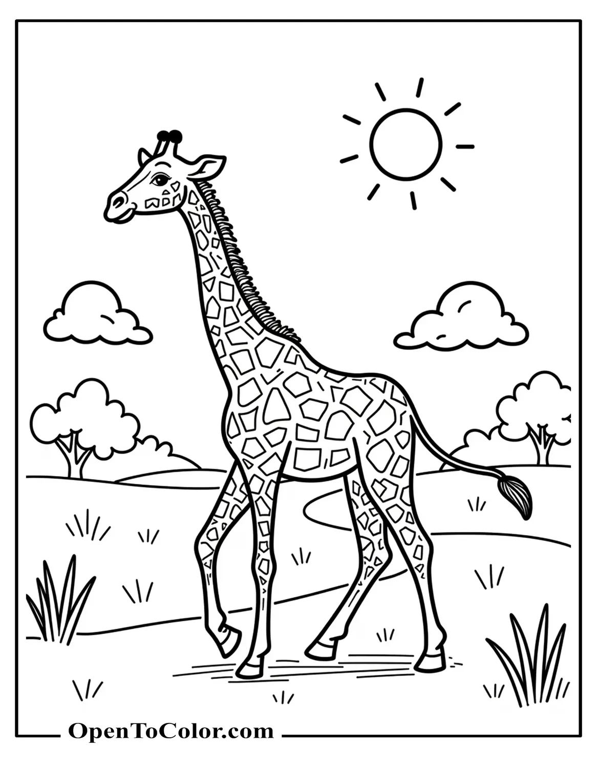 Free Coloring Sheet of a Giraffe Walking on a Path with a Few Clouds and a Sun in the Sky, Simple Outline