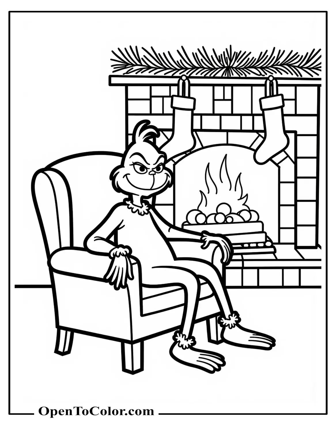 Printable coloring page of the Grinch sitting in an armchair by a fireplace with stockings hanging on a simple mantle.