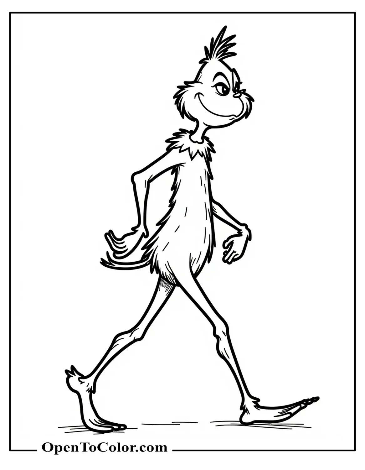 Free Coloring Sheet: Full Body Grinch Walking Forward in Profile with Long Skinny Legs