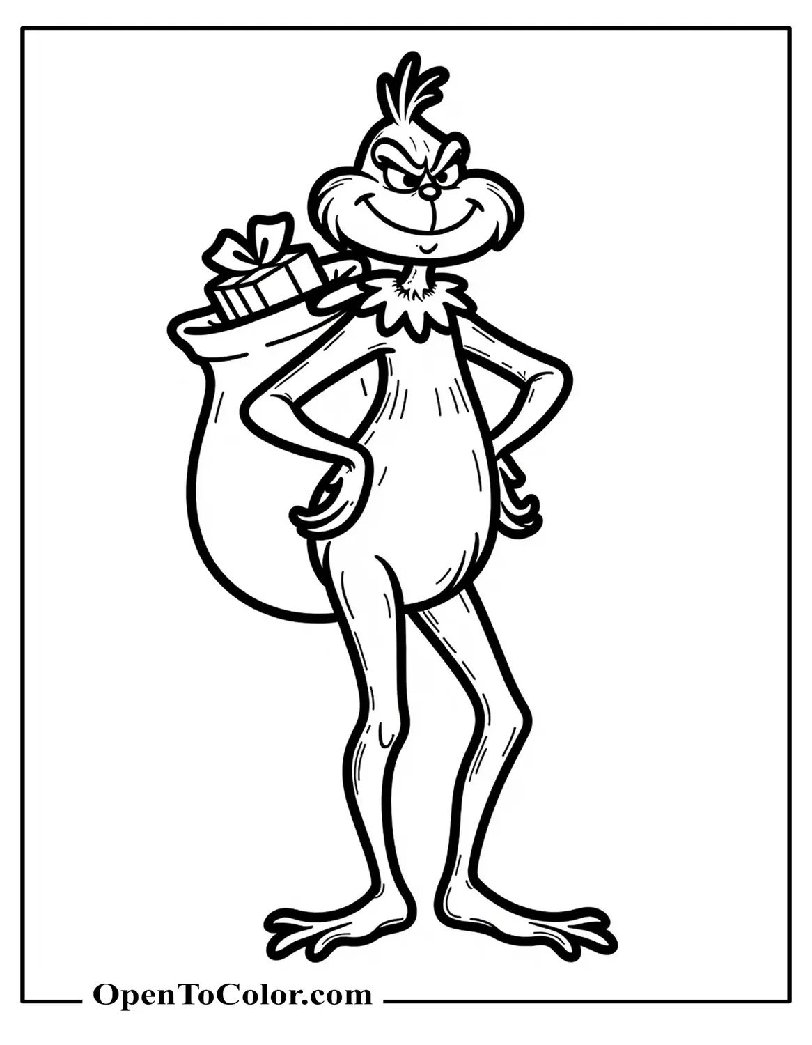 Full-size Grinch standing from head to toe, slightly hunched, holding a gift sack over one shoulder, free coloring page.