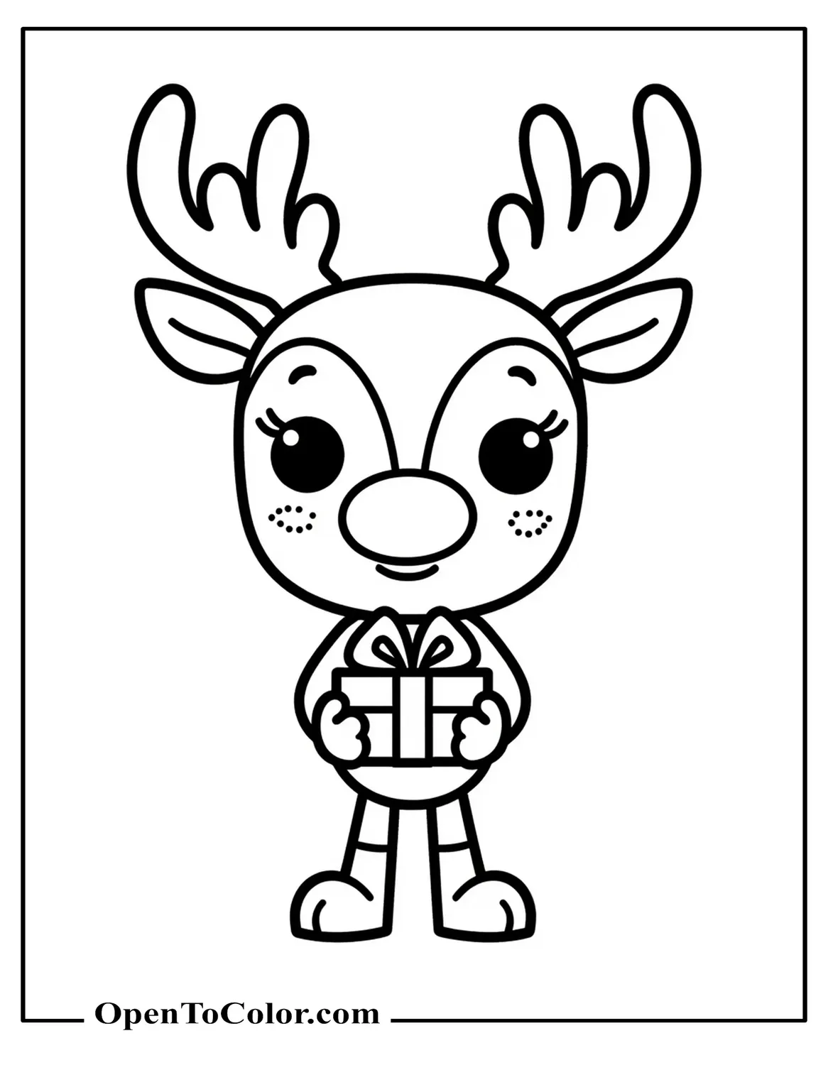 Reindeer in Funko Pop style, big head, short body, standing with gift, coloring sheet, printable.