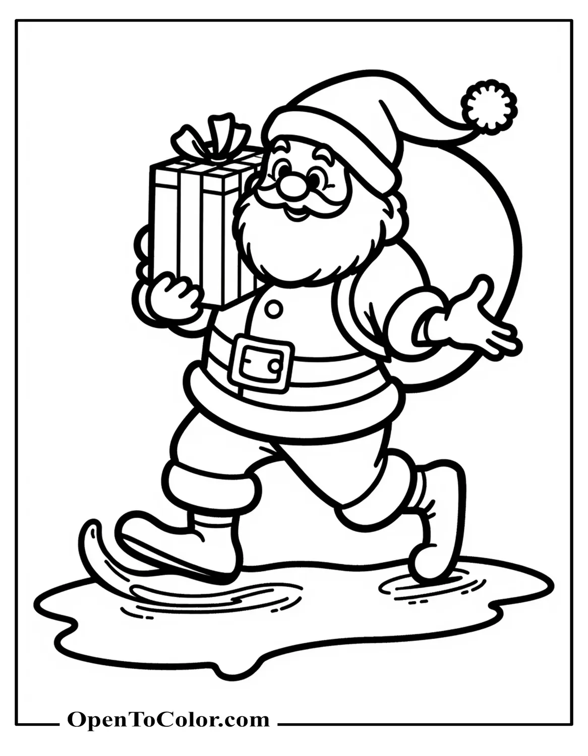 Santa slipping on ice while carrying gifts, silly expression, cartoon style, coloring page, PDF.
