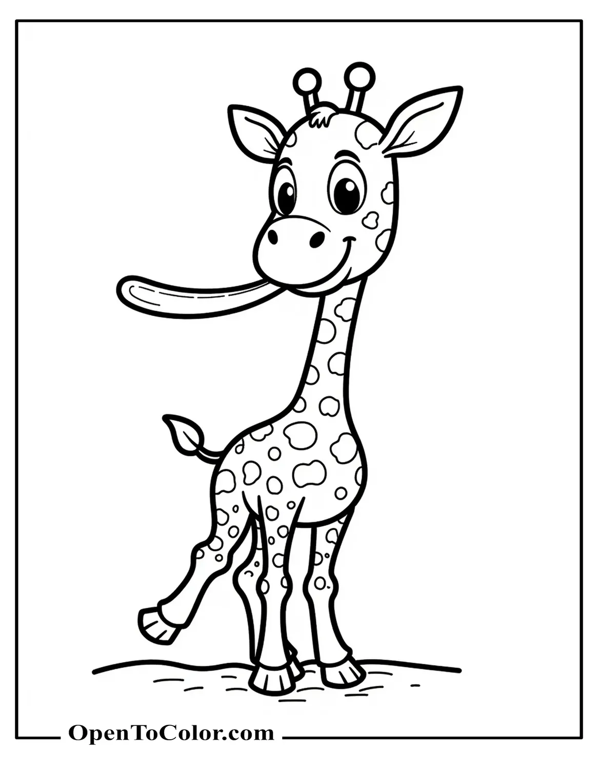Funny Giraffe With An Extra Long Tongue Sticking Out, Crossing Legs, Cartoon Style Coloring Sheet PDF