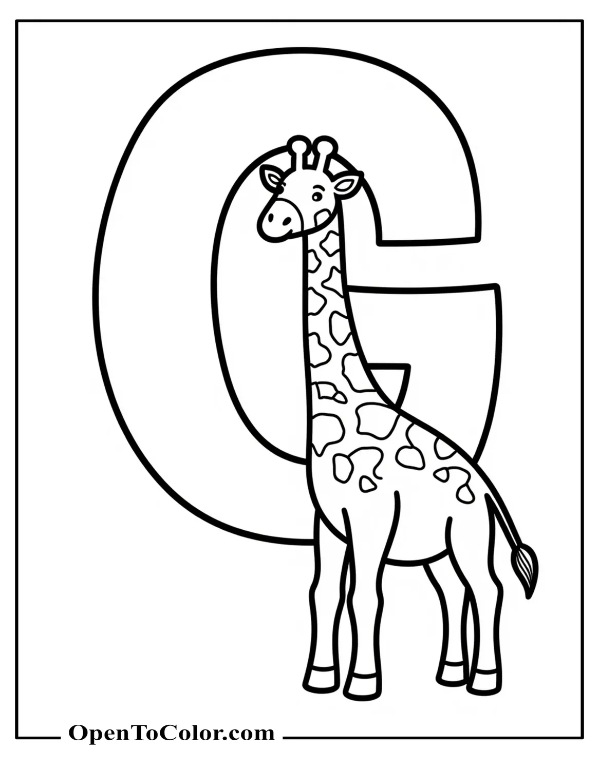 Free coloring page featuring a large letter G in the center with a small giraffe wrapping its long neck around the letter.