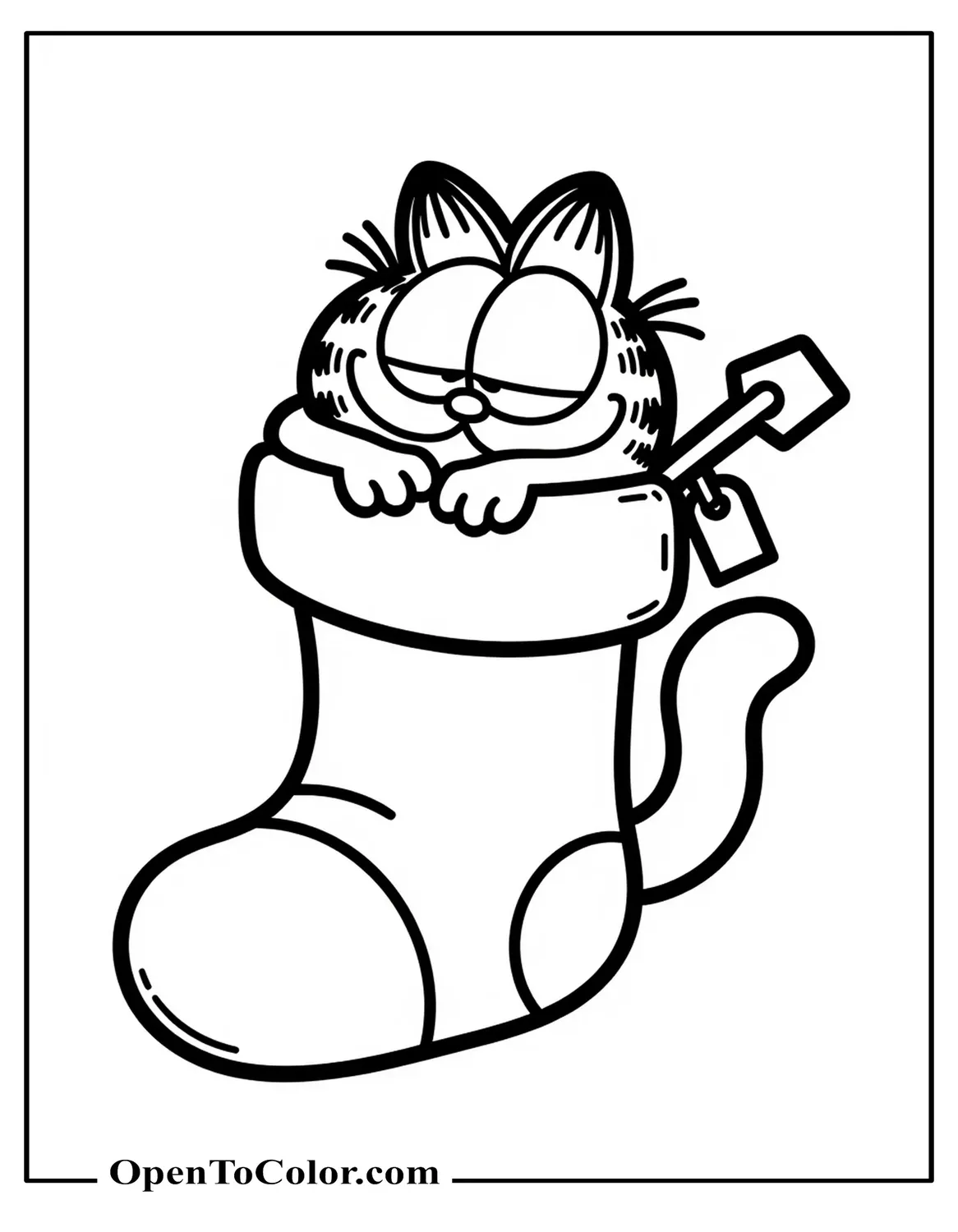 Garfield napping in a large stocking, half-closed eyes, gift tag on cuff, Coloring Page PDF.