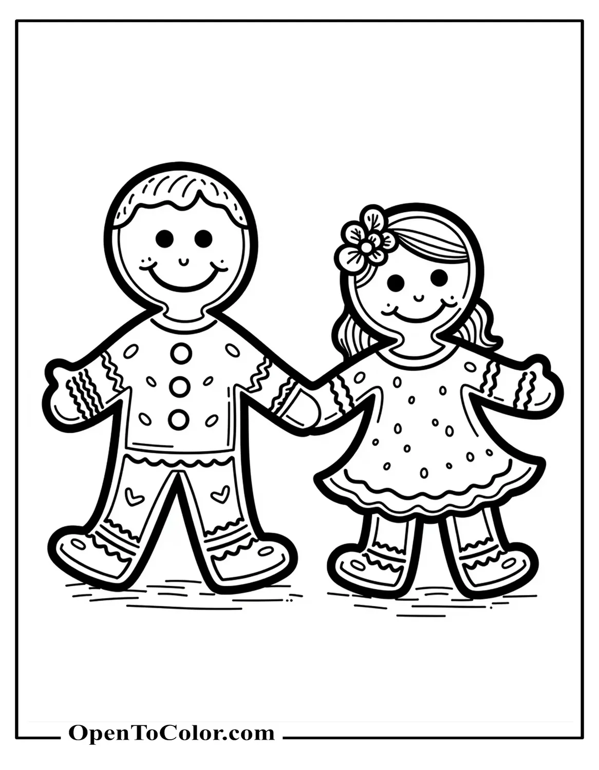 Printable Coloring Sheet of Gingerbread Cookie Family of Two Holding Hands, Icing Patterns Detailed