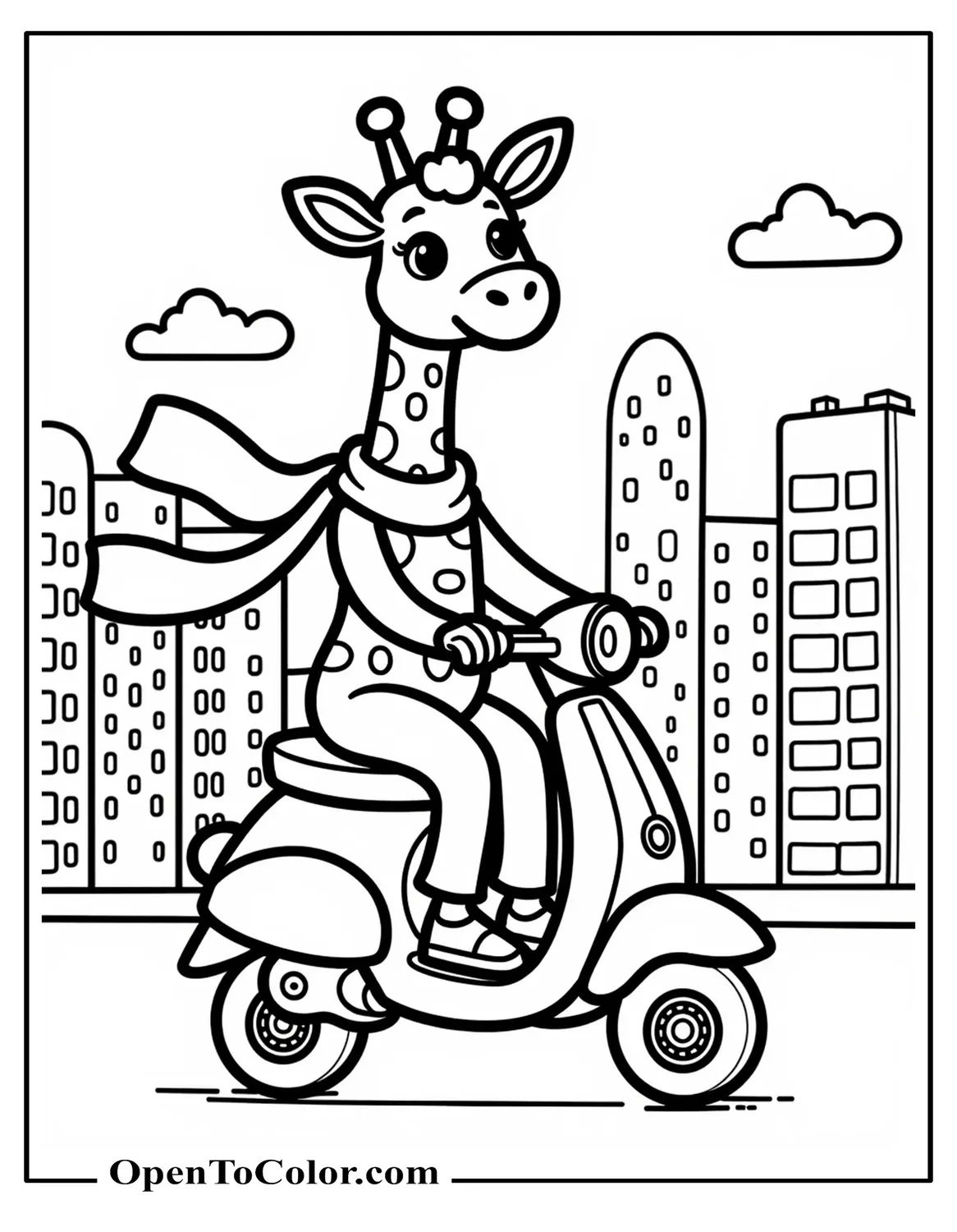 Cartoon Giraffe Coloring Page PDF Riding a Scooter, Scarf Flowing Behind, City Buildings in Background