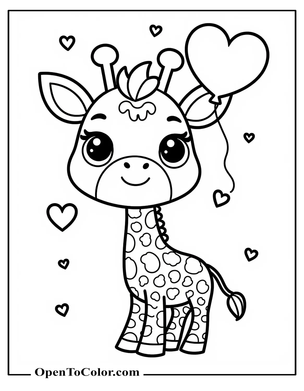 Printable Coloring Sheet of Giraffe with Big Eyes Holding a Balloon, Stars and Hearts Around, for Kids