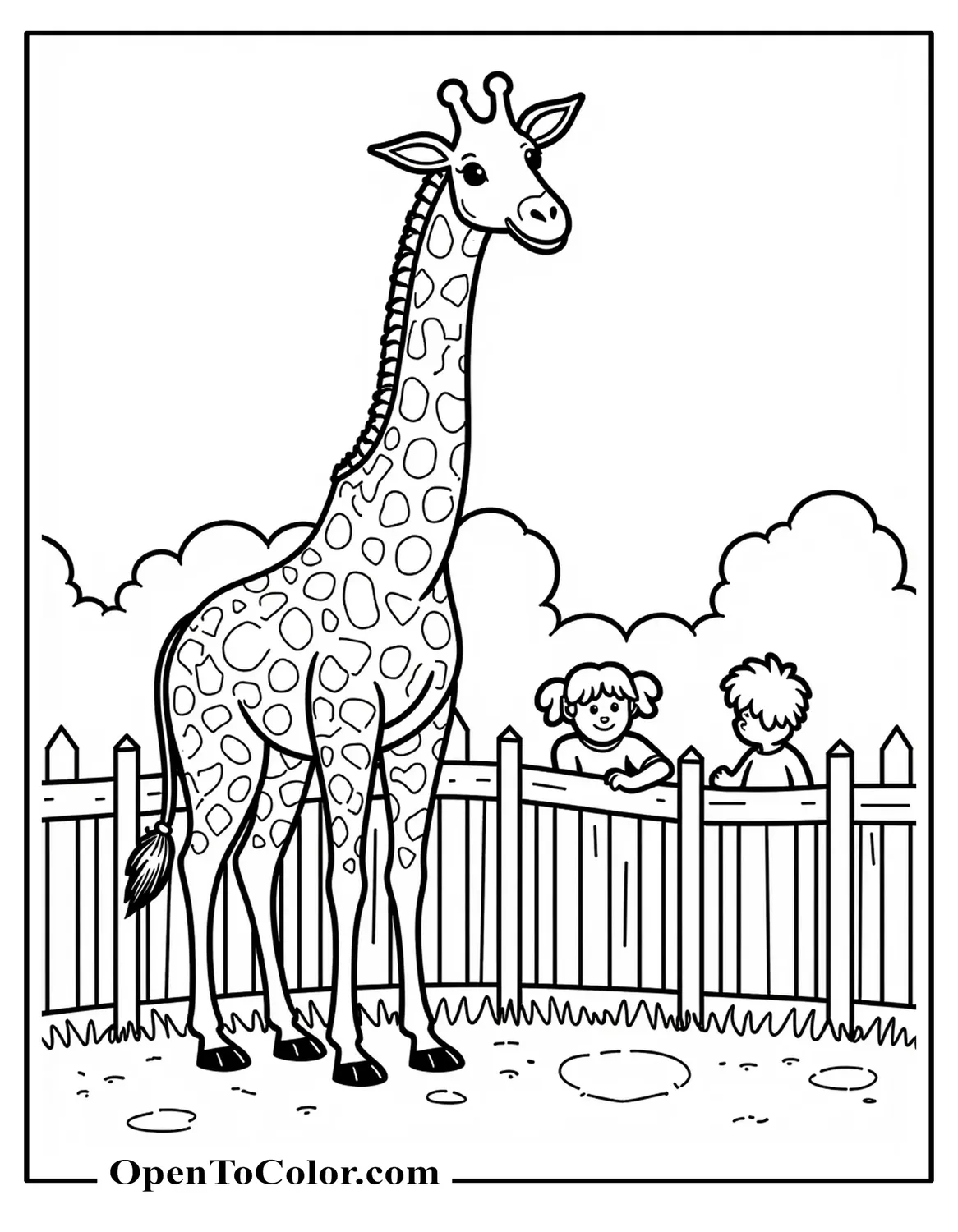 Giraffe Leaning Over A Fence At A Zoo, Printable Coloring Page, Kids Watching From Far In Background
