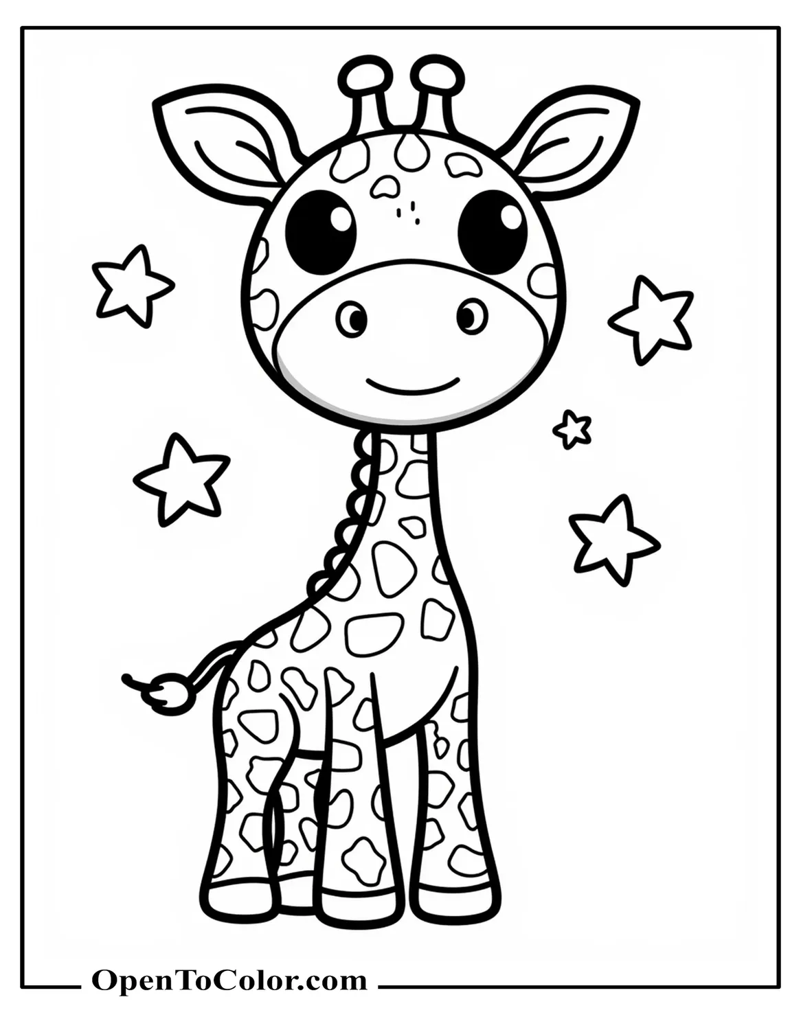 Giraffe in Funko Pop style coloring sheet PDF with oversized head, standing proudly with tiny stars around