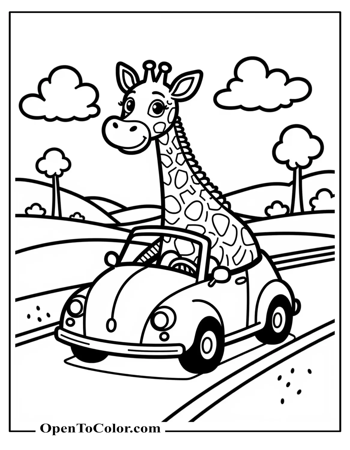 Printable coloring sheet of a giraffe driving a small cartoon car with head sticking out through roof, road and a few trees in background.