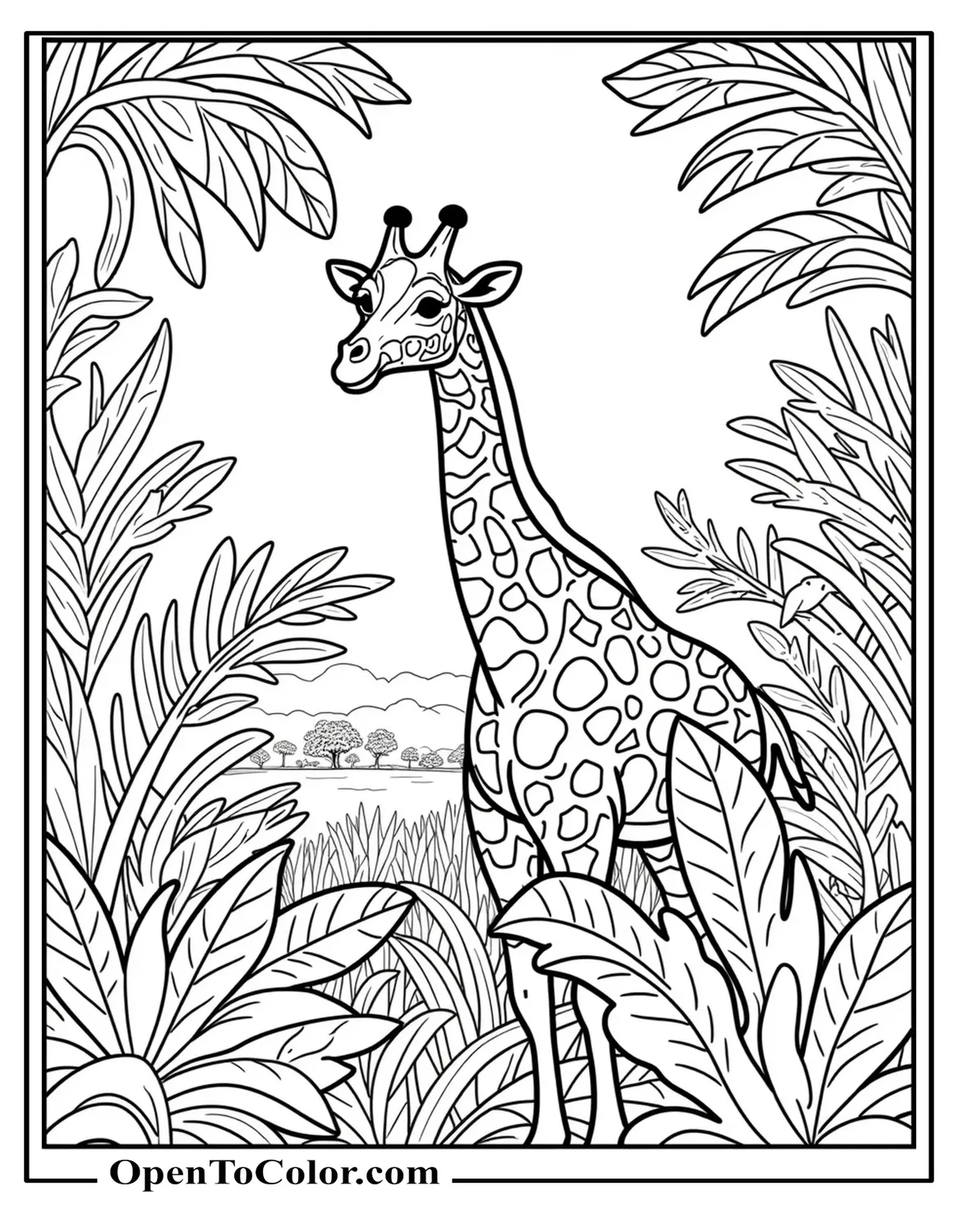 Giraffe Peeking Through Large Jungle Leaves And Vines, A Few Distant Trees And Birds, Detailed Foliage Style, Printable Coloring Page