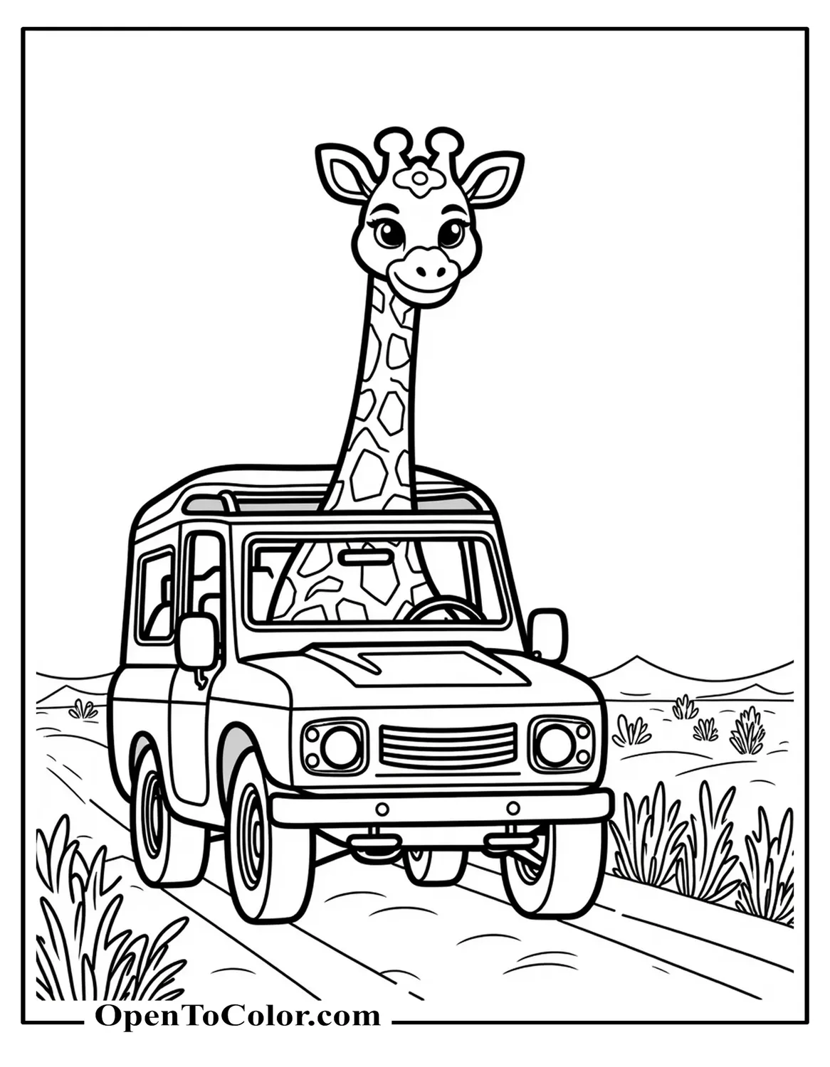 Free Coloring Sheet: Giraffe Riding in an Open Safari Jeep, Front View, Dusty Path and One or Two Bushes Behind, Cartoon Style