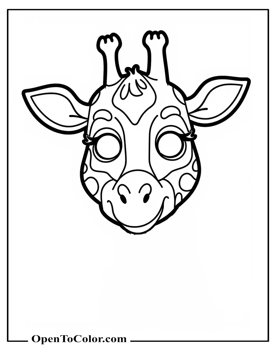 Giraffe mask coloring page PDF with big eyes and cutout holes, straps on sides, ready to be worn