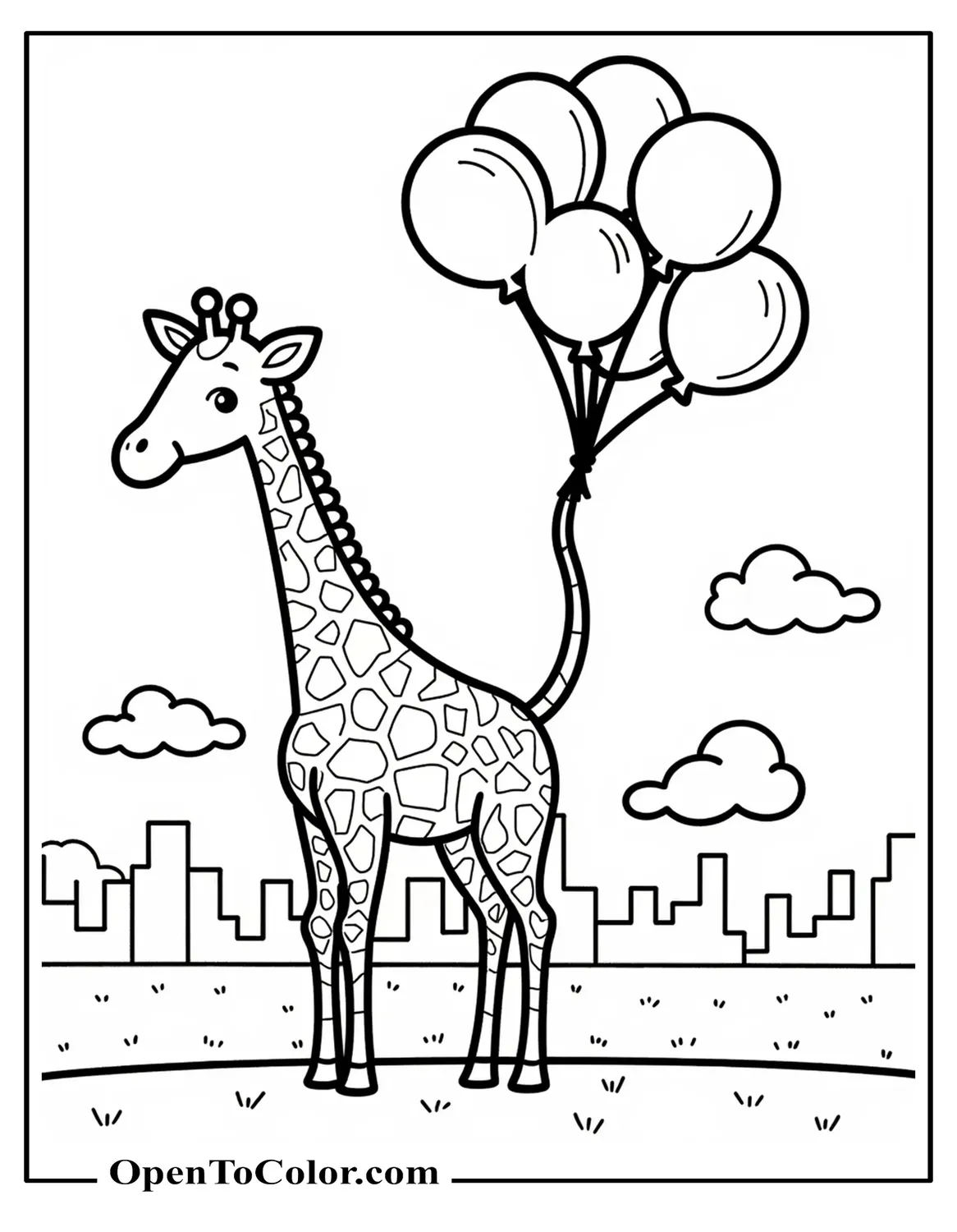 Free Coloring Page: Giraffe Holding a Bunch of Large Balloons Tied to Its Tail, Clouds and a Simple Skyline Far Behind, Cute Style
