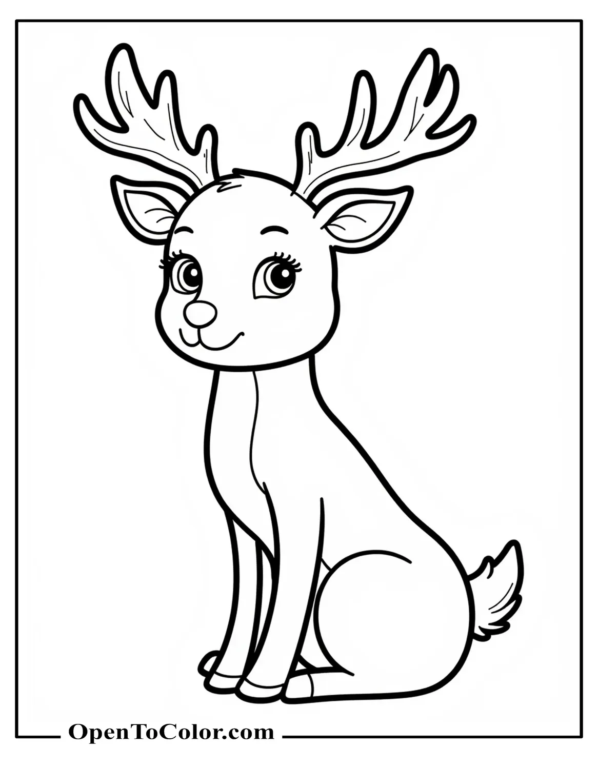 Girl Reindeer With A Small Bow On Ear, Sitting And Blinking, Coloring Page PDF