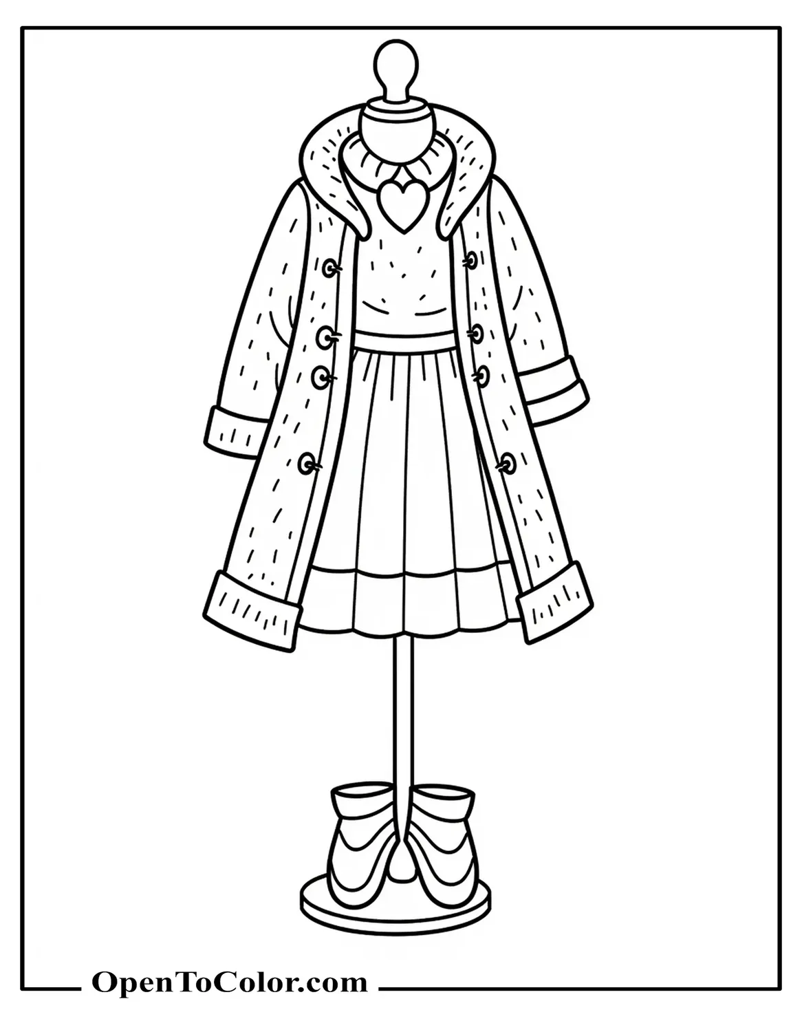 Free Coloring Page: Girly Winter Outfit on a Mannequin, Skirt and Coat with Bows, Heart Motif