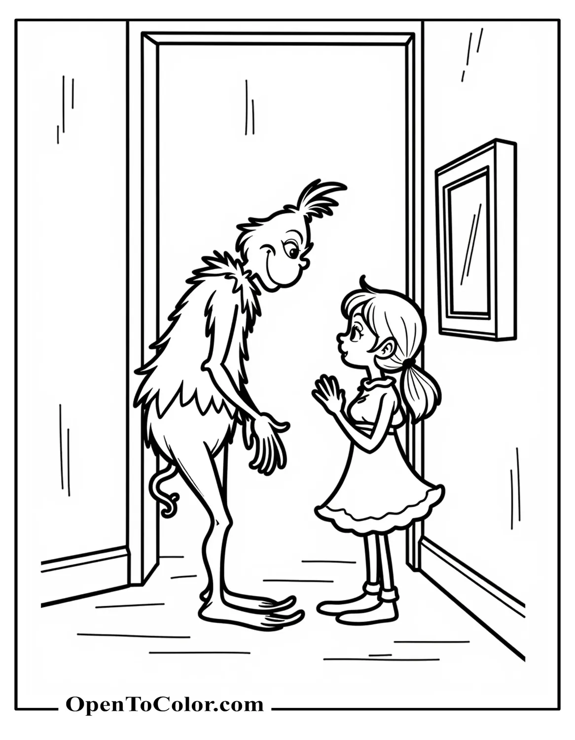 Grinch bending down to talk to Cindy Lou Who in a cozy hallway with a simple doorway and picture frame behind them in cute storybook cartoon style coloring sheet PDF.