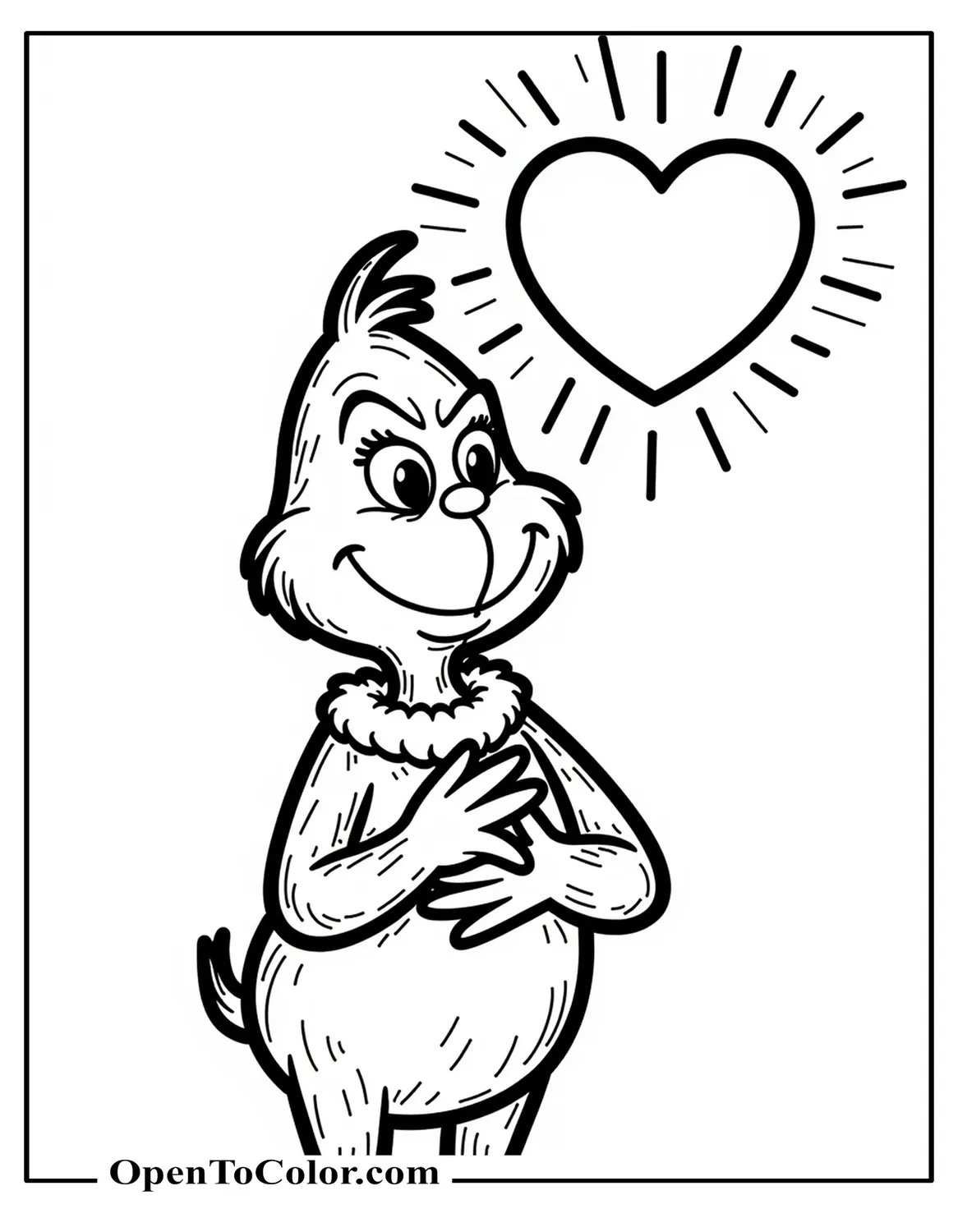 Grinch holding his chest as a big heart shape appears above him, with simple radiating lines around the heart, printable coloring sheet.