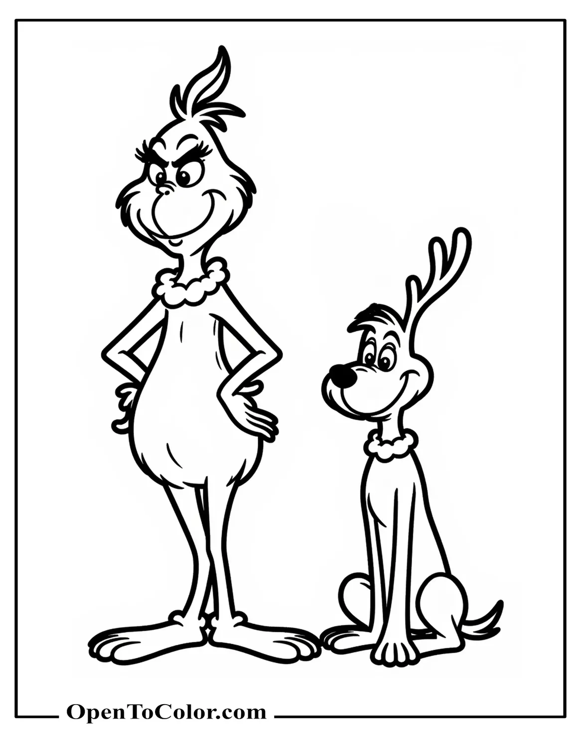 Free Coloring Page of Grinch and Max the Dog Standing Side by Side, Max Wearing a Single Antler, Both Looking Forward