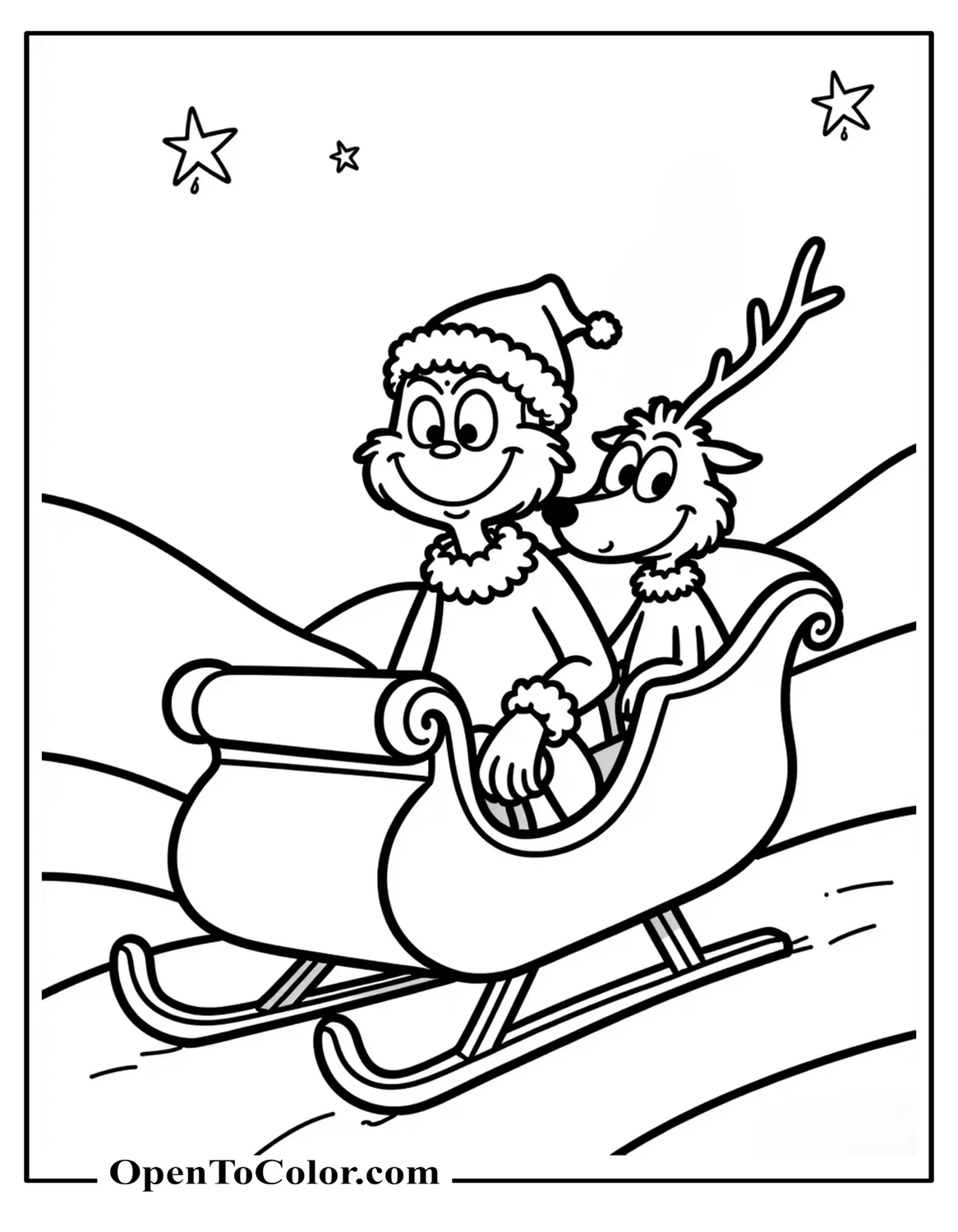 Grinch Sitting In A Sleigh While Max Sits Beside Him Wearing A Single Antler, Printable Coloring Page, Snowy Hills And A Few Stars In The Sky