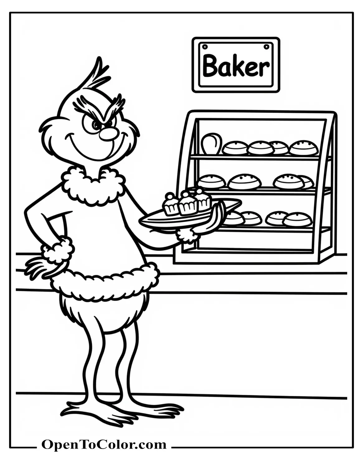 Grinch standing at a counter in a bakery holding a tray of pastries, with a simple display case and sign behind him, printable coloring sheet.